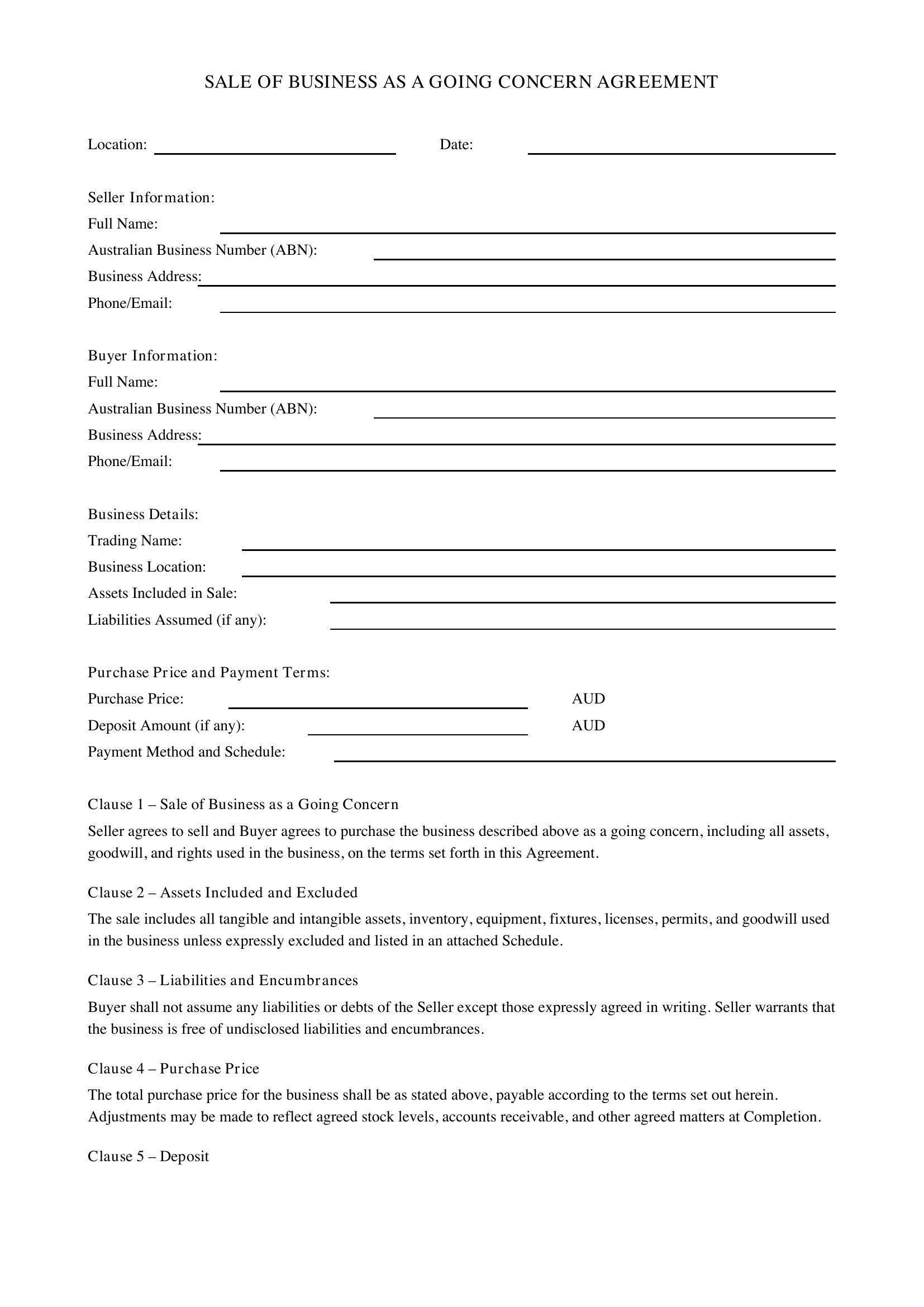 Sale Of Business As A Going Concern Agreement Template - Australia