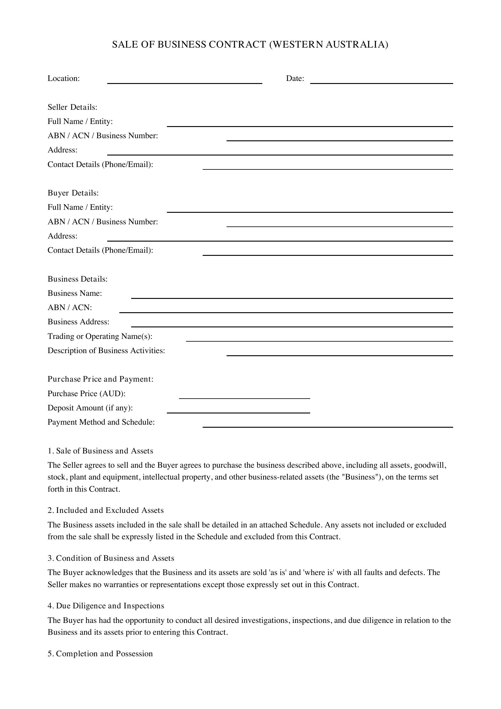 Sale Of Business Contract Wa Template - Australia