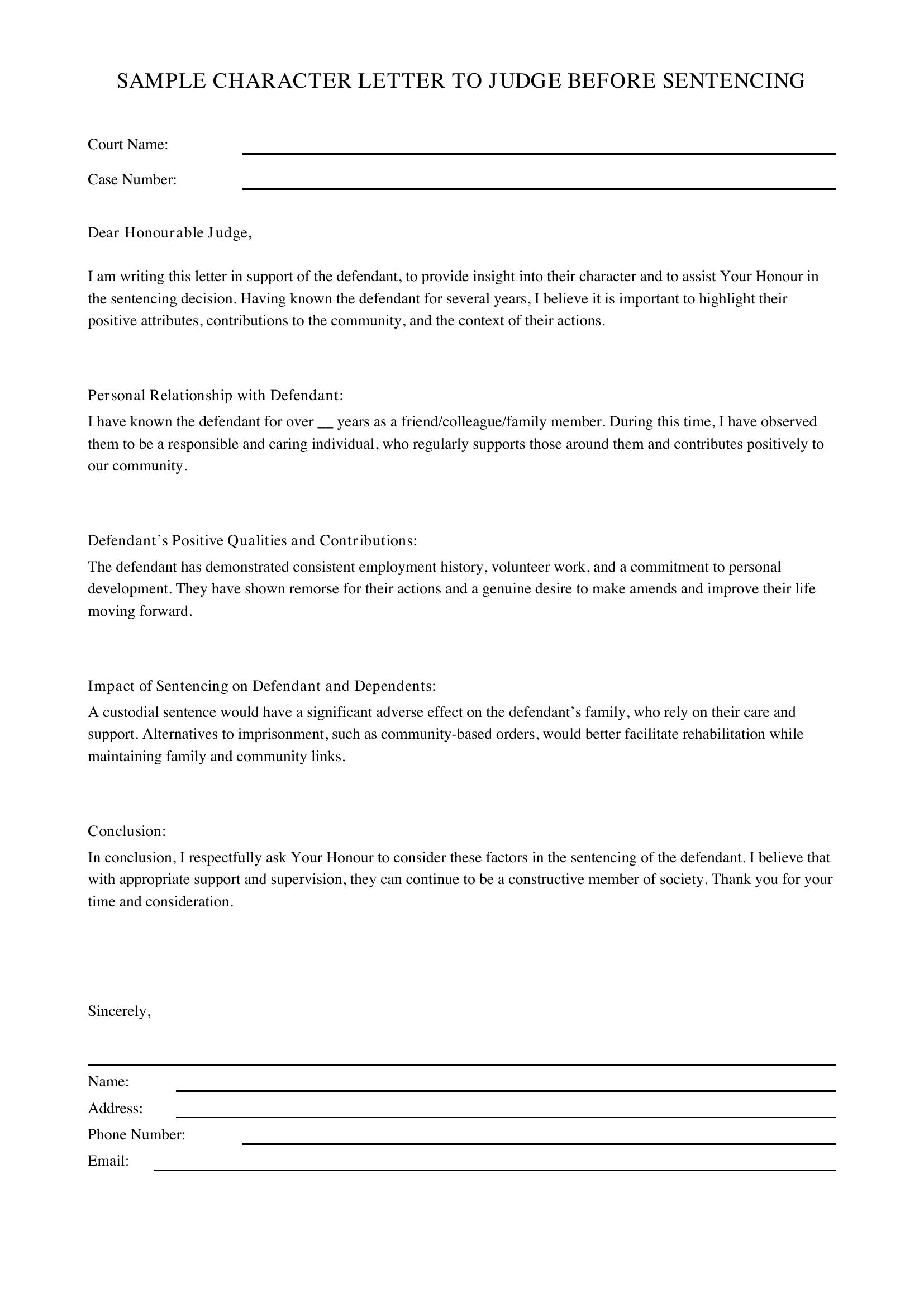 Sample Character Letter To Judge Before Sentencing Template - Australia