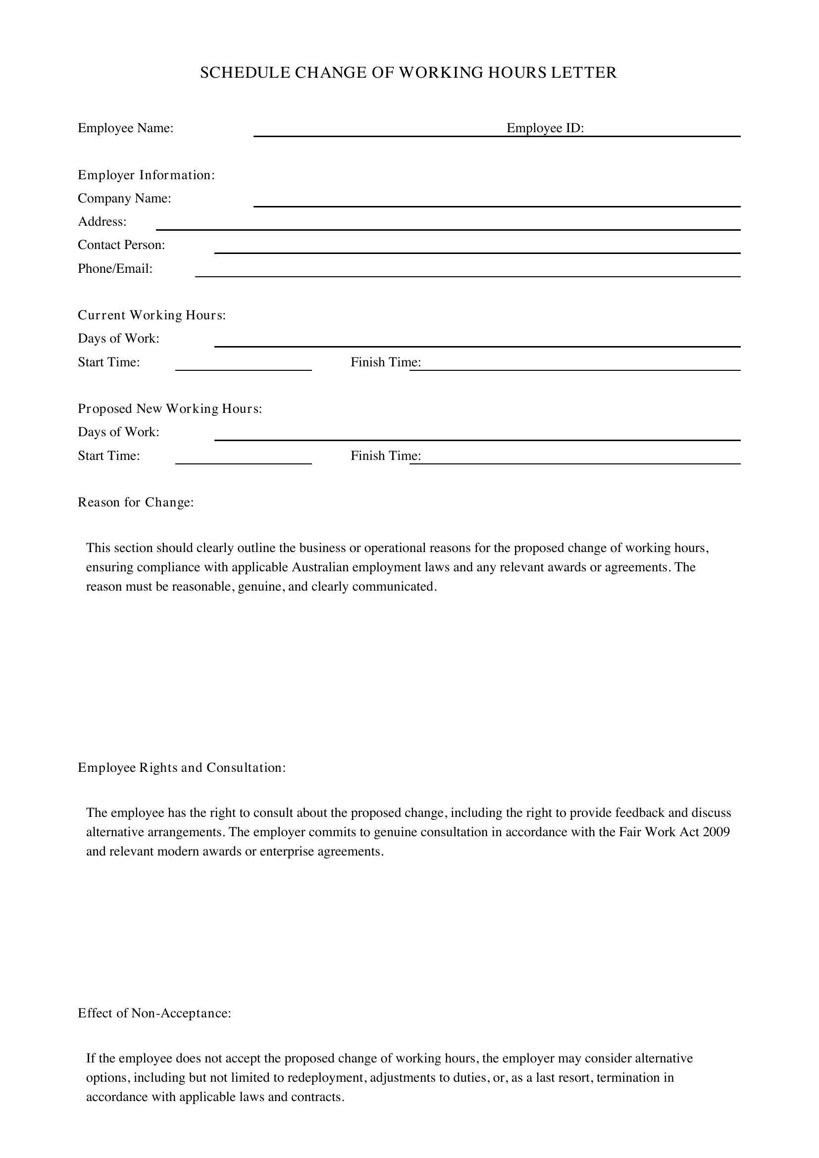 Schedule Change Of Working Hours Letter Template - Australia