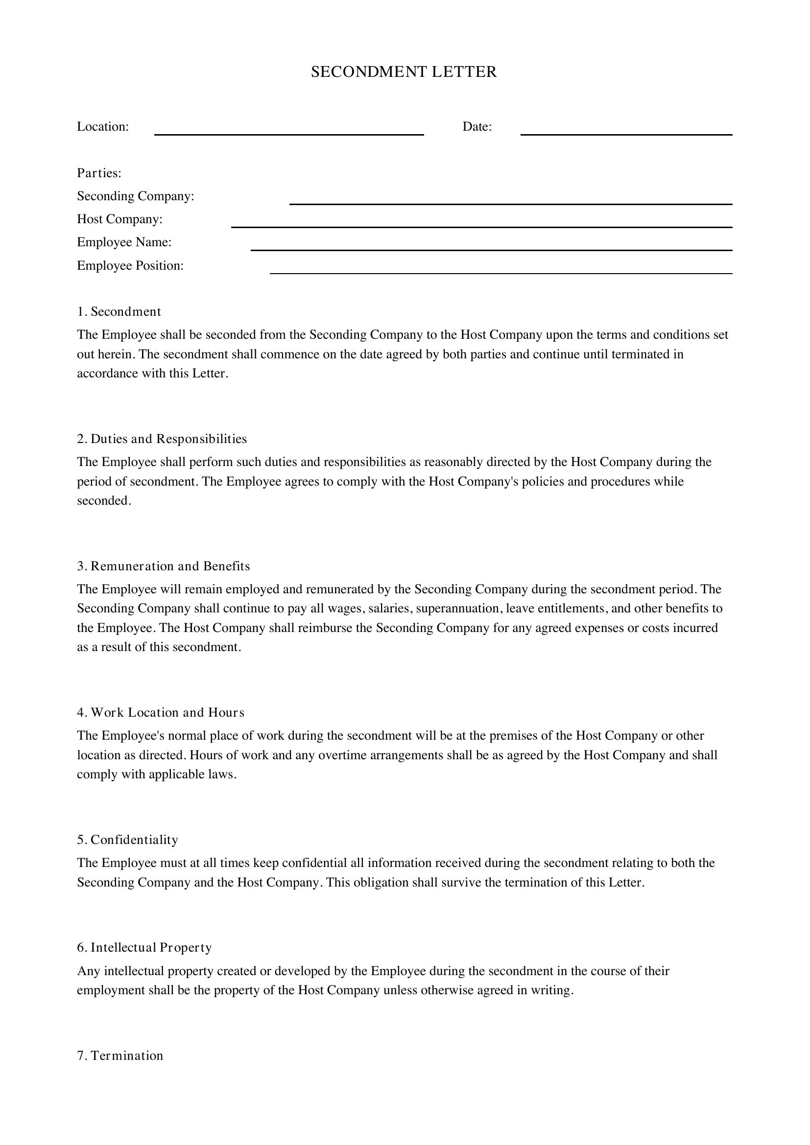 Secondment Letter Template - Australia