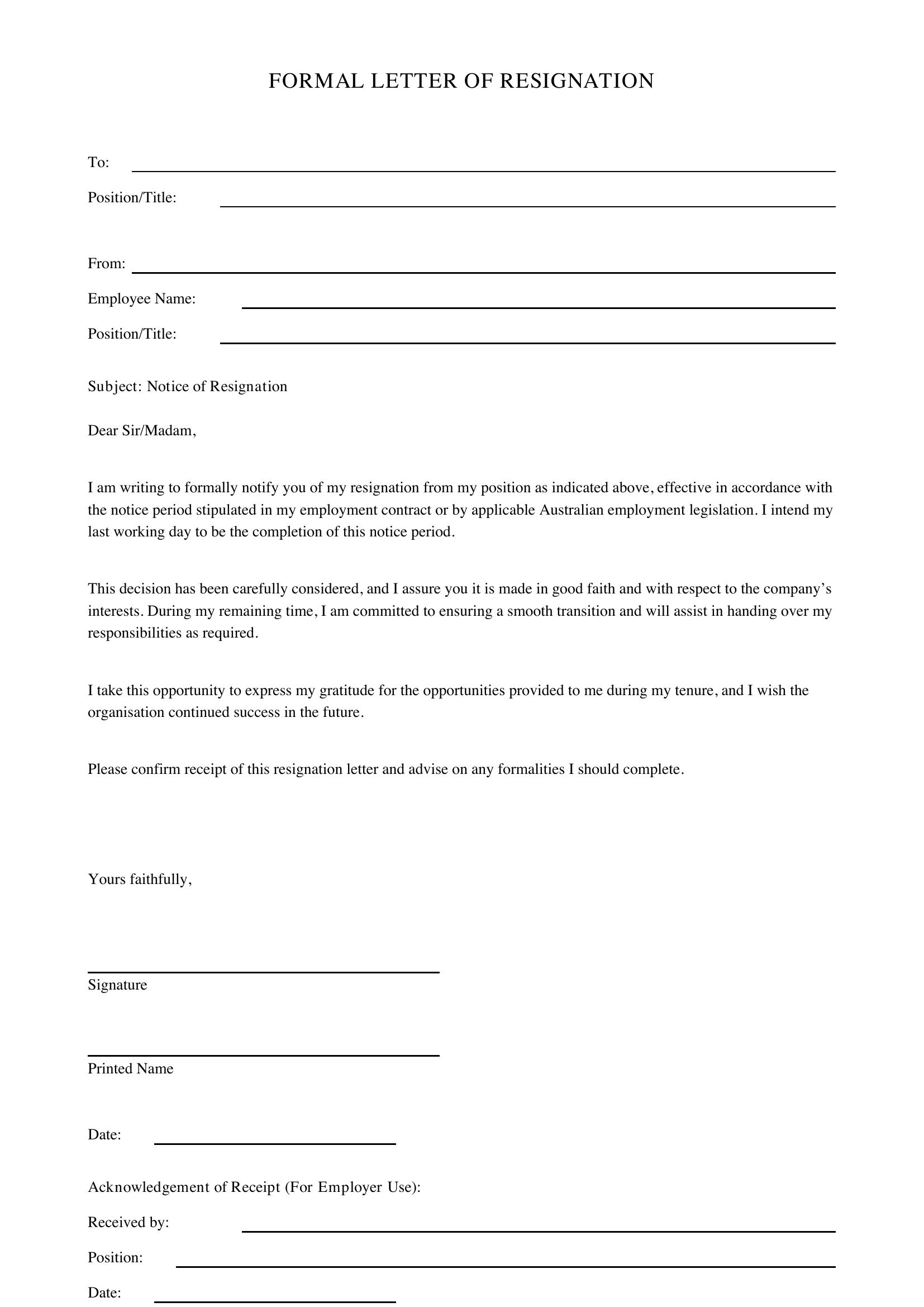 Seek Resignation Letter Template - Australia