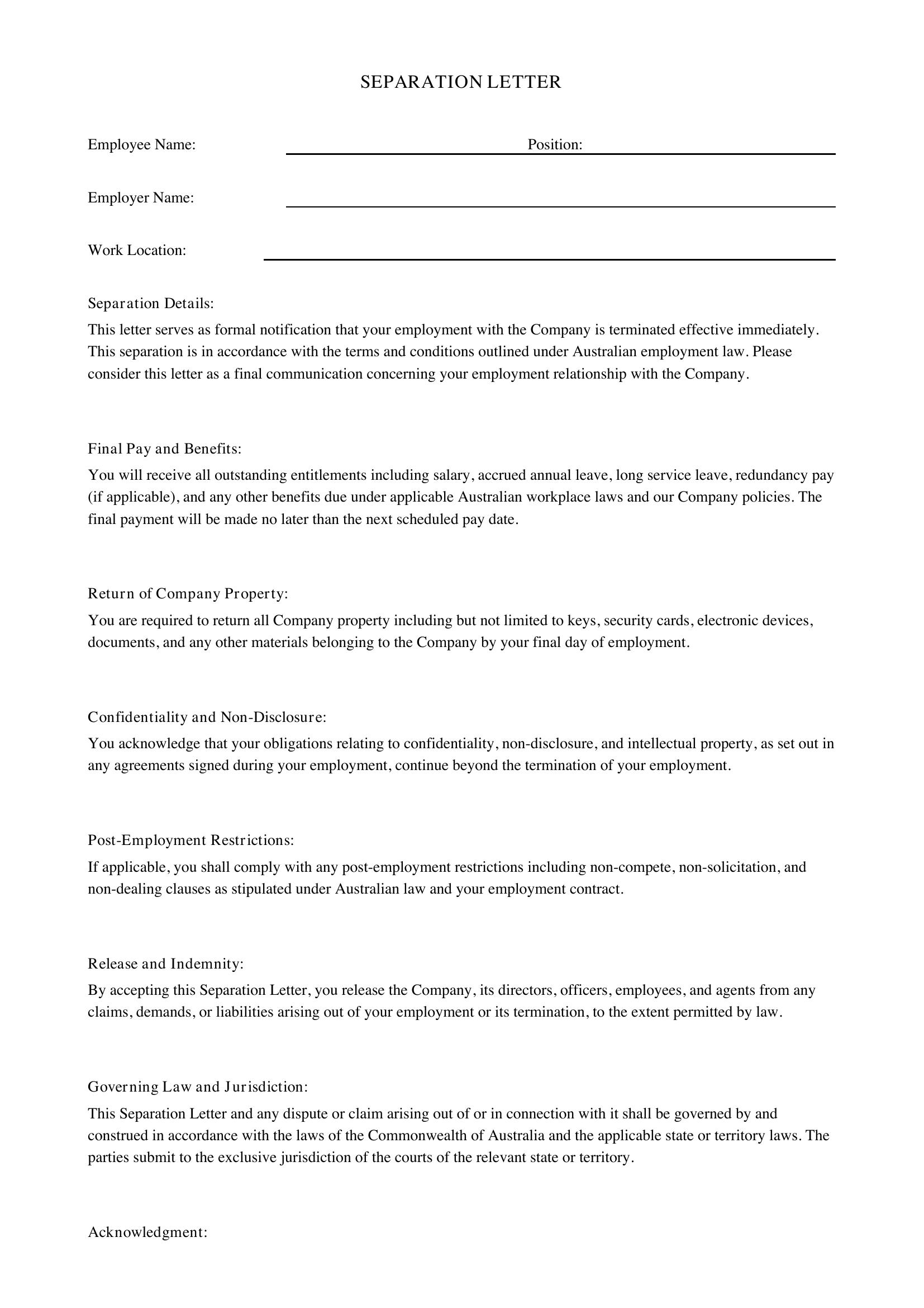 Separation Letter Template - Australia