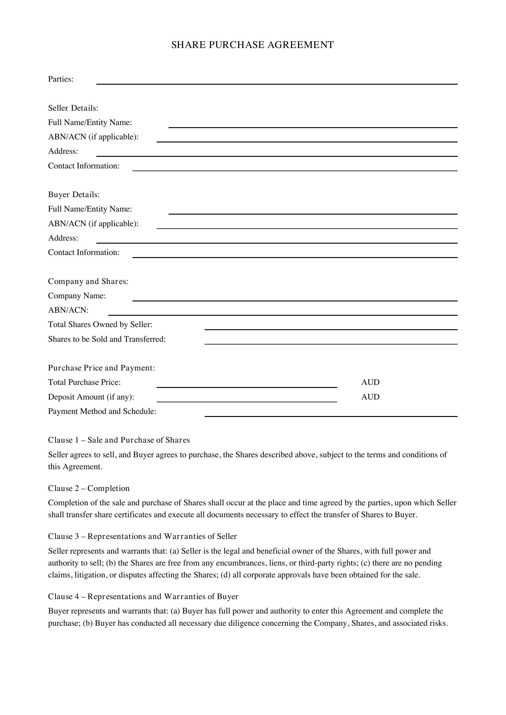 Share Purchase Agreement Template - Australia