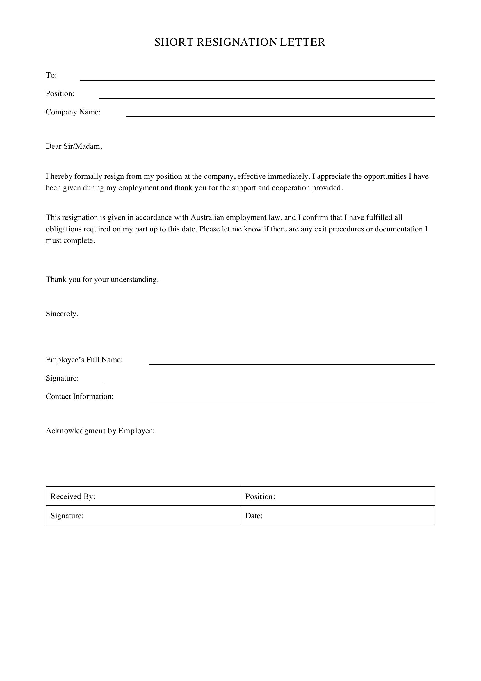 Short Resignation Letter Template - Australia