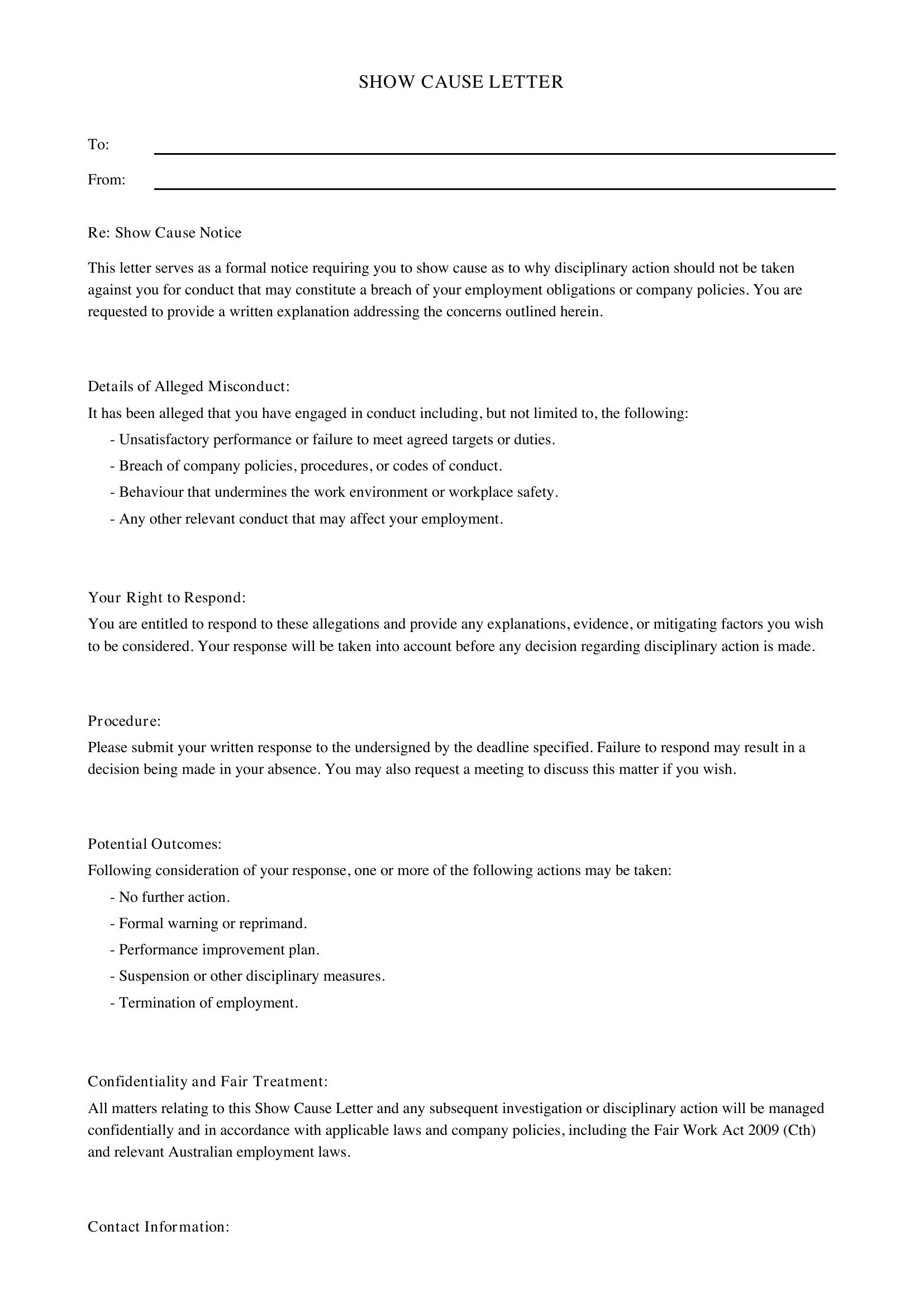 Show Cause Letter Template - Australia