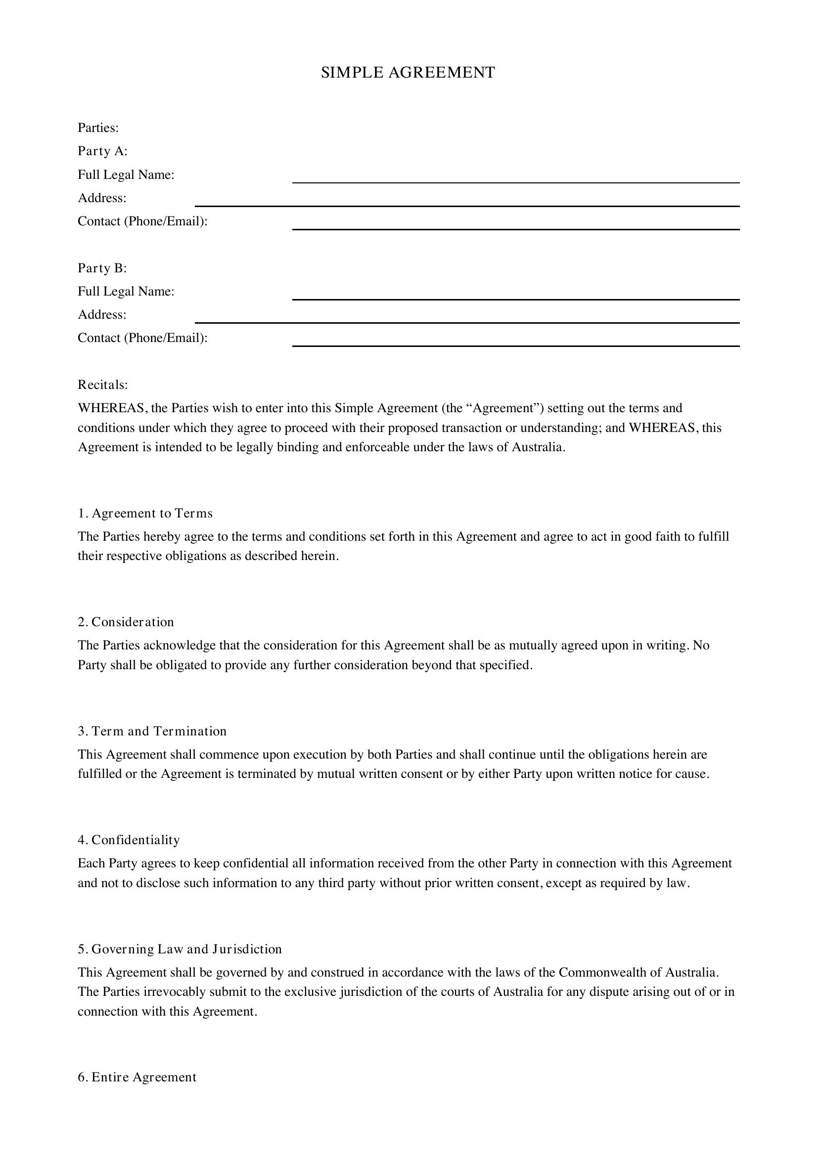 Simple Agreement Template - Australia