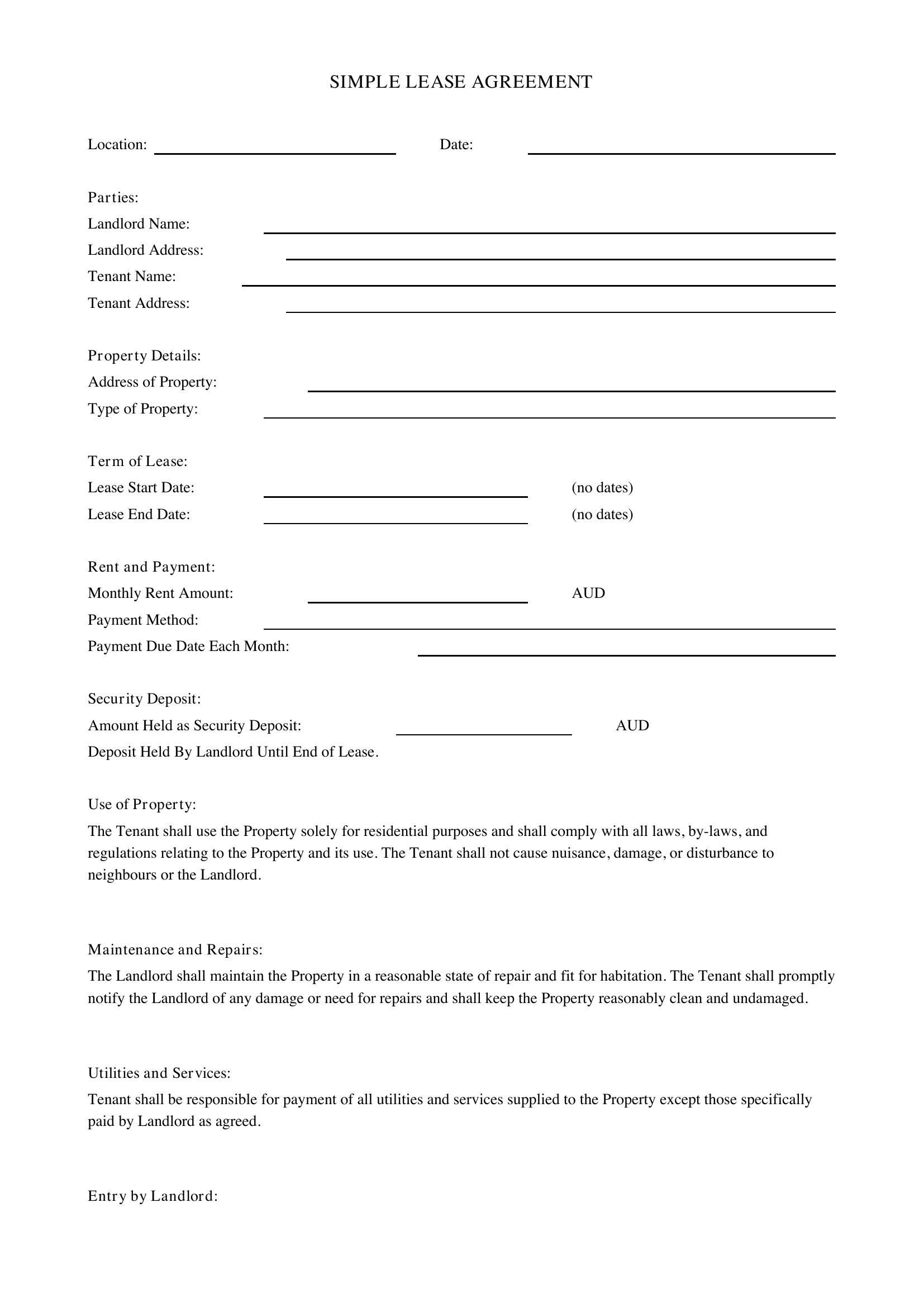 Simple Lease Agreement Template - Australia