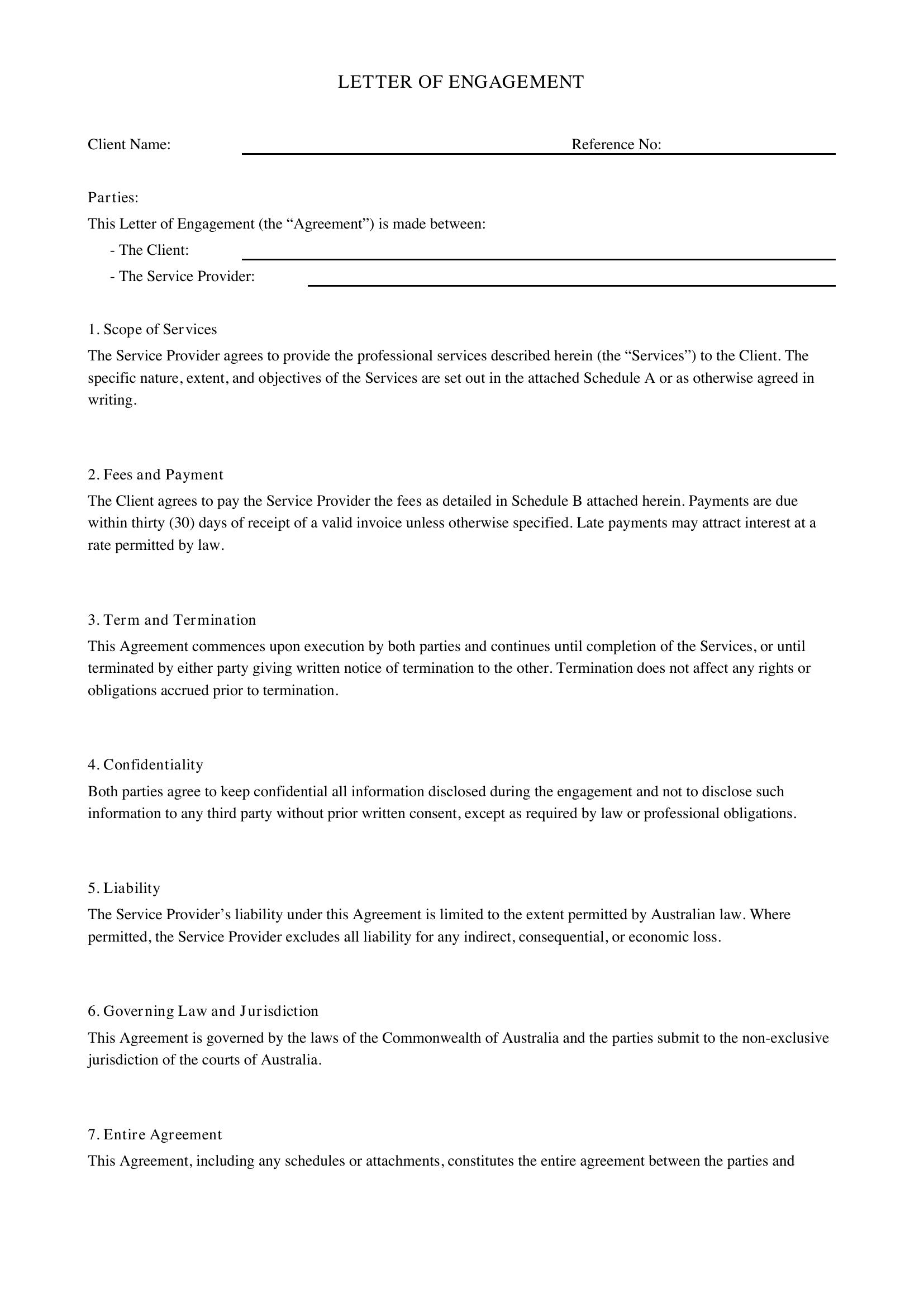 Simple Letter Of Engagement Template - Australia