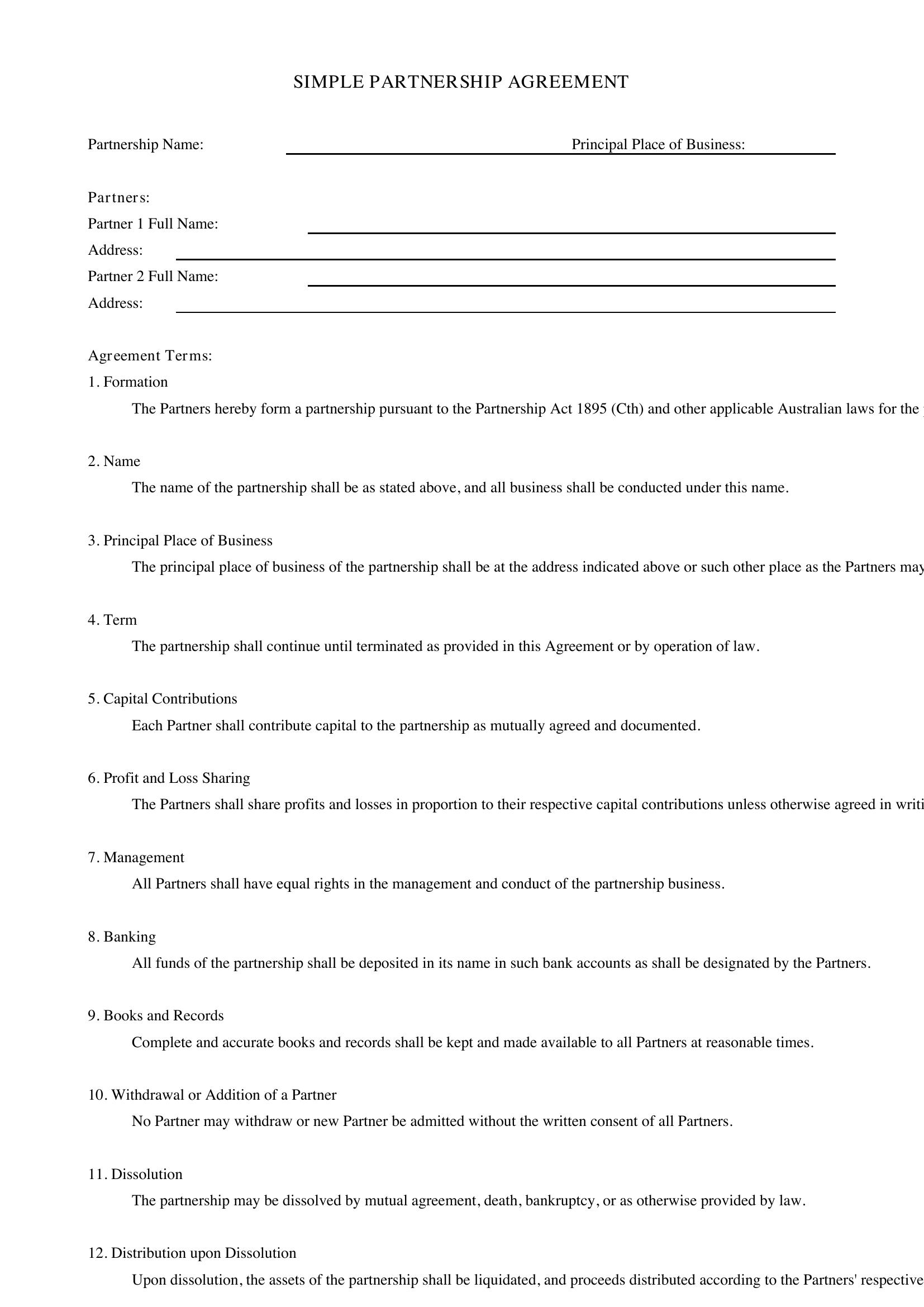 Simple Partnership Agreement Template - Australia