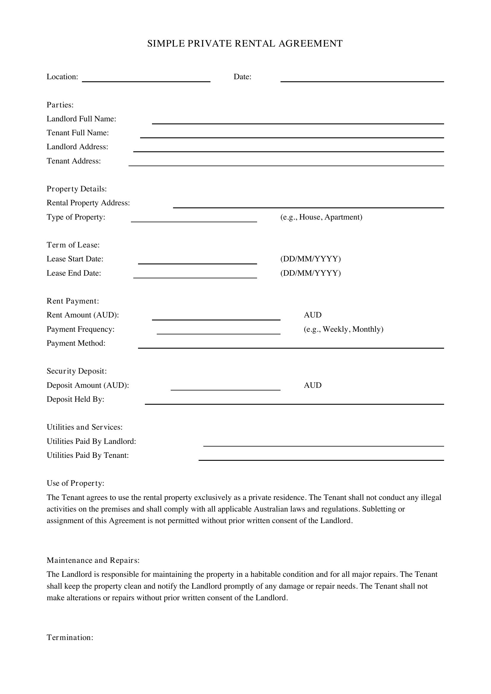 Simple Private Rental Agreement Template - Australia