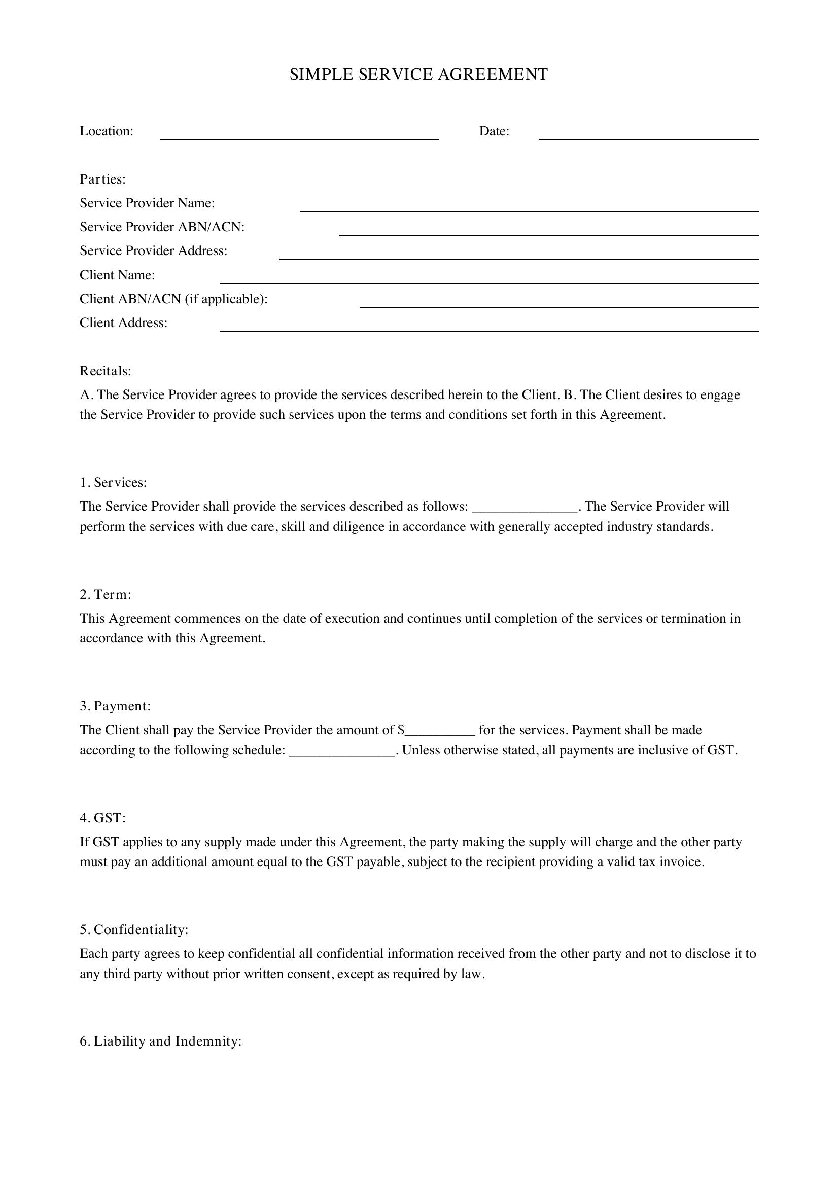 Simple Service Agreement Template - Australia