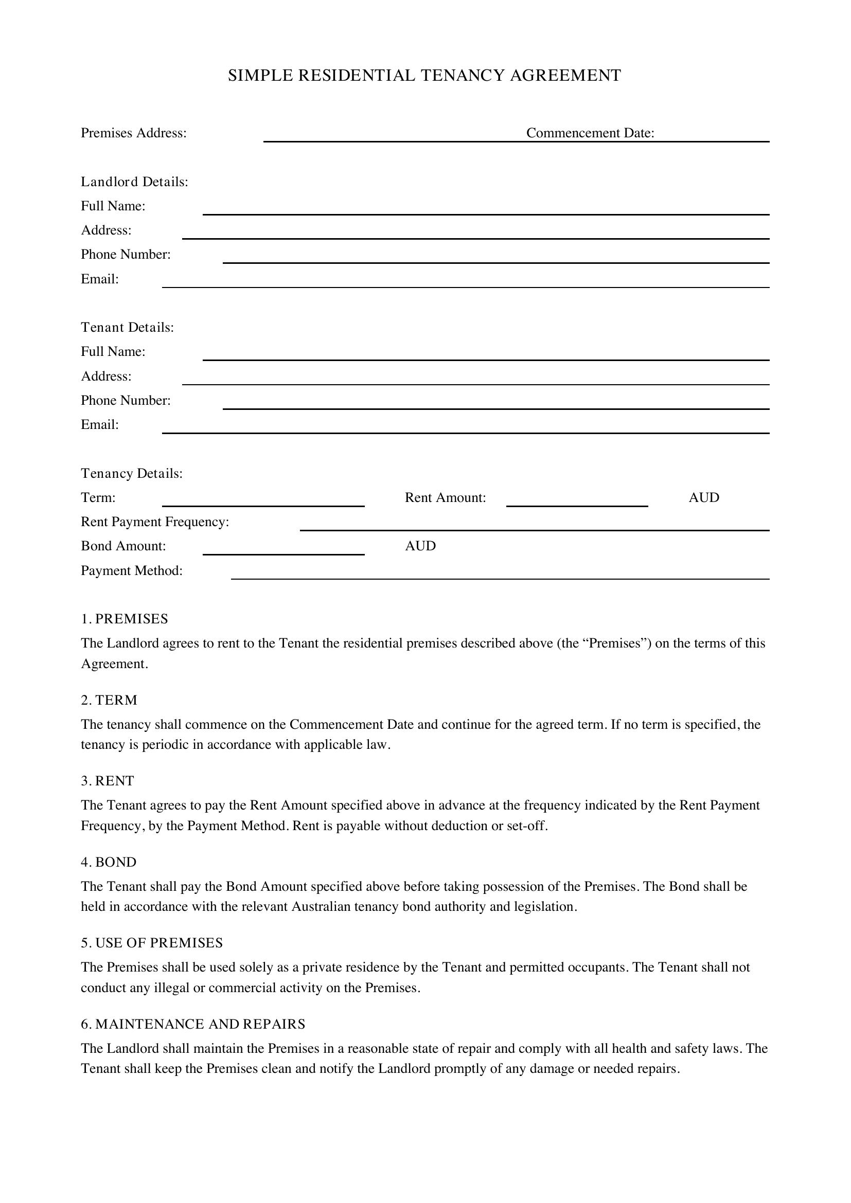 Simple Tenancy Agreement Template - Australia