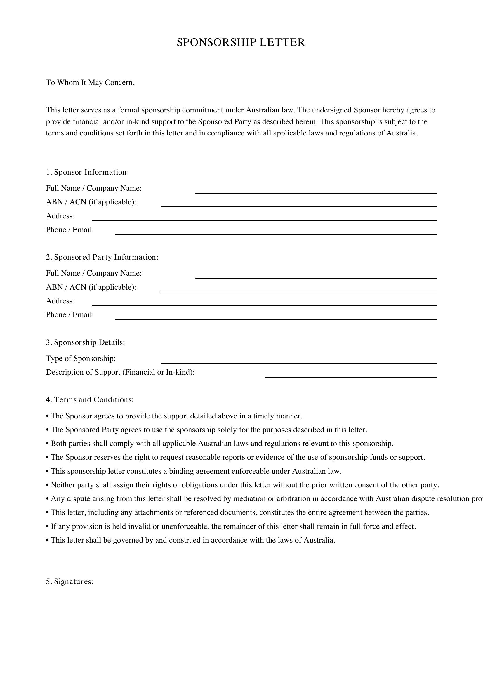 Sponsorship Letter Template - Australia