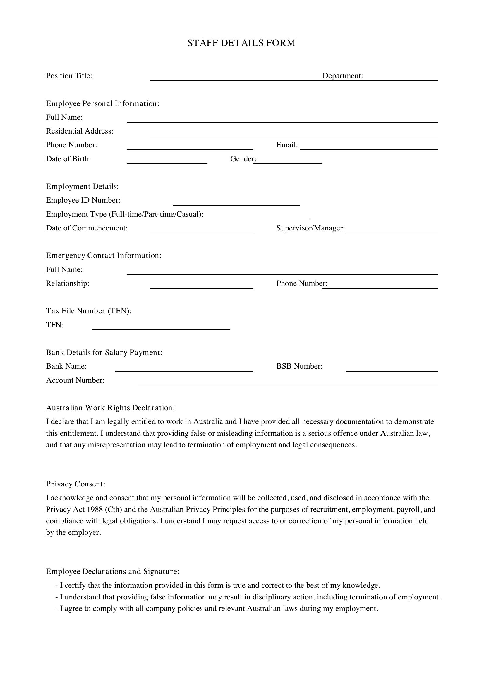 Staff Details Form Template - Australia