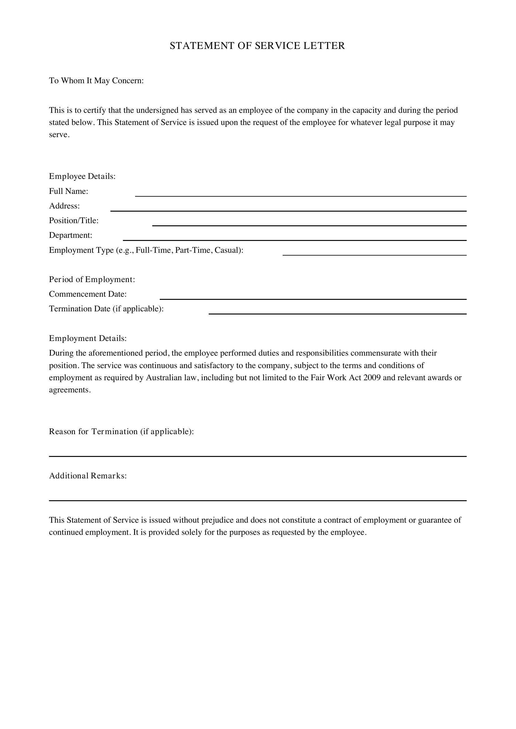 Statement Of Service Letter Template - Australia