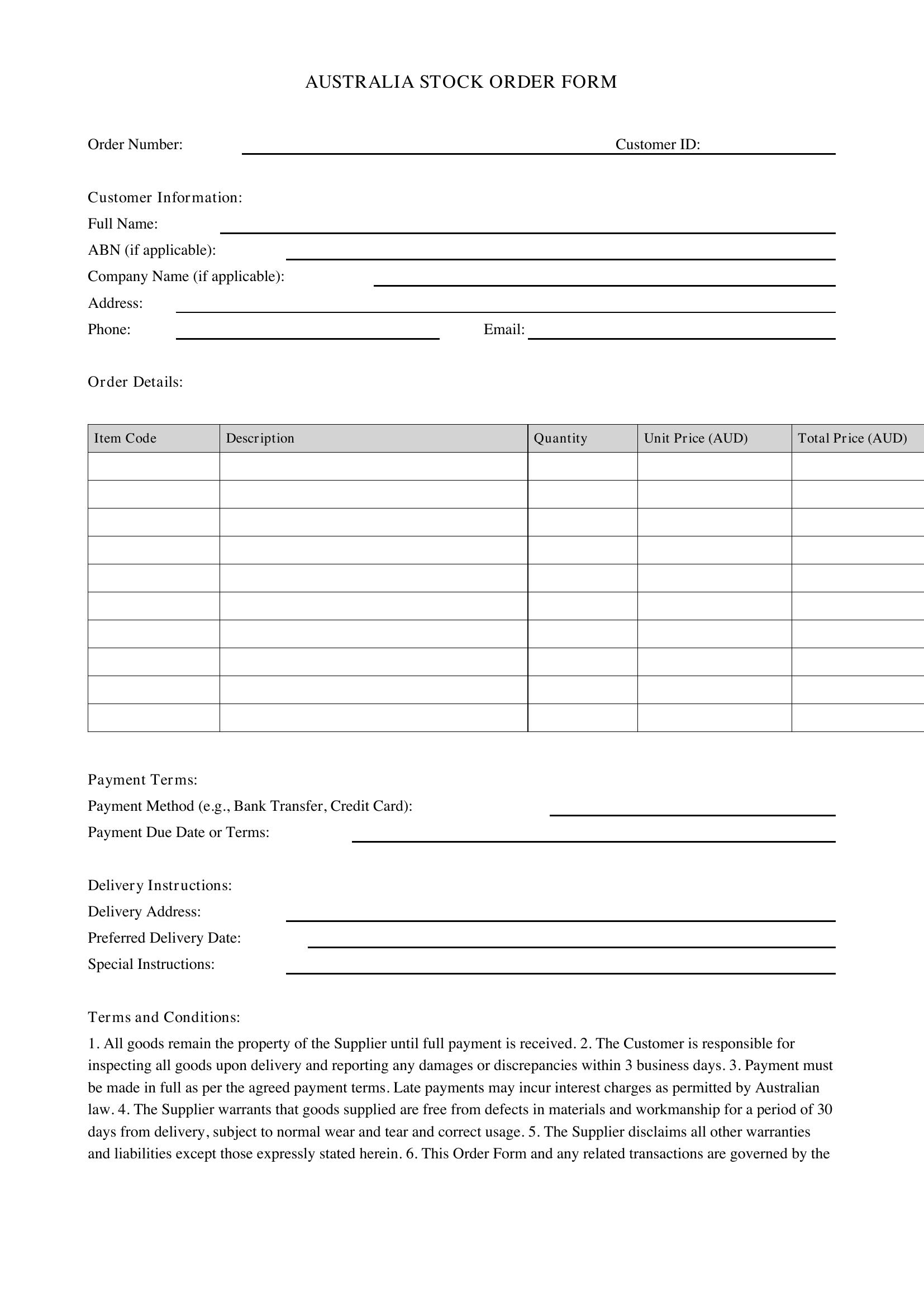 Stock Order Form Template - Australia
