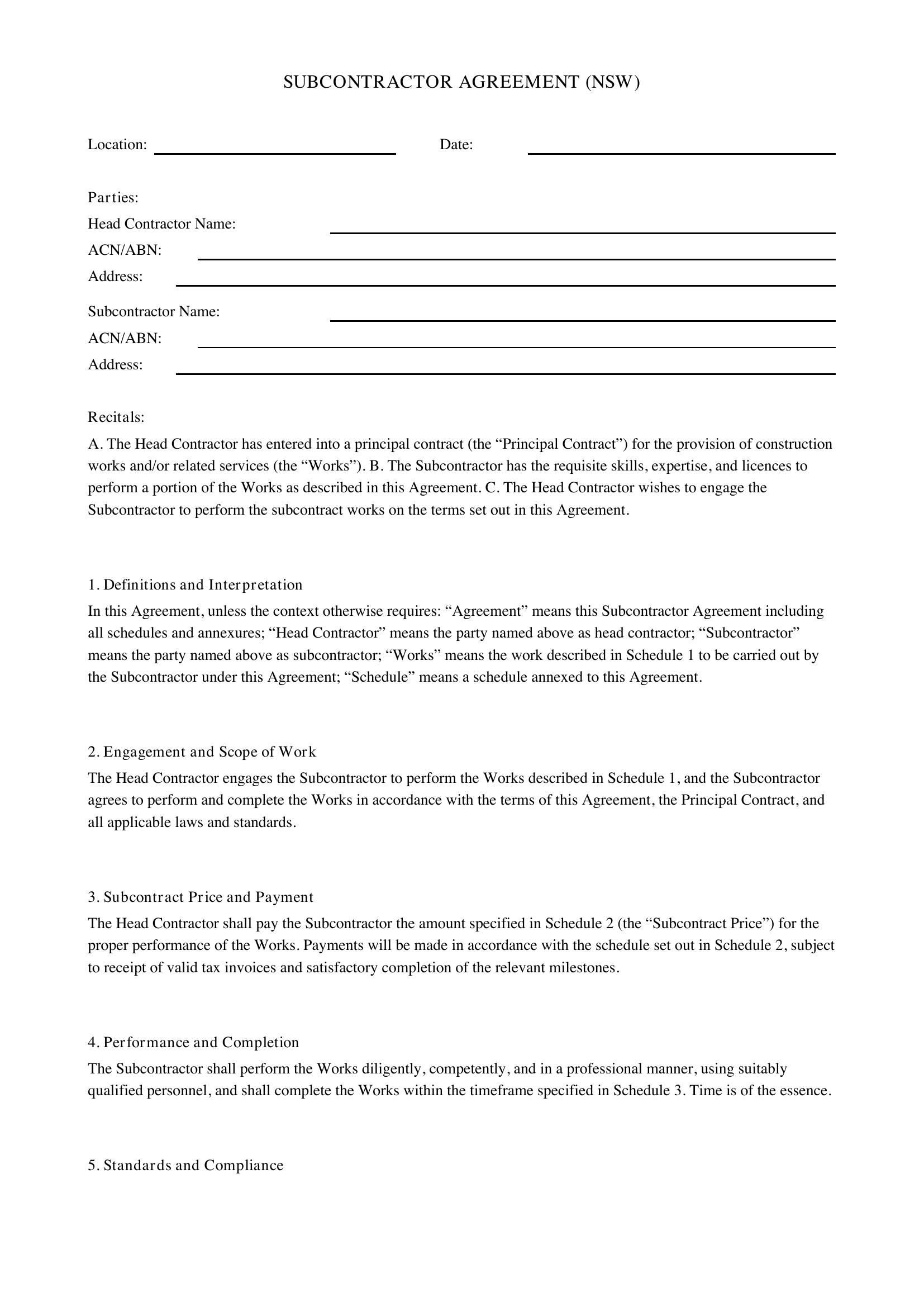 Subcontractor Agreement Nsw Template - Australia