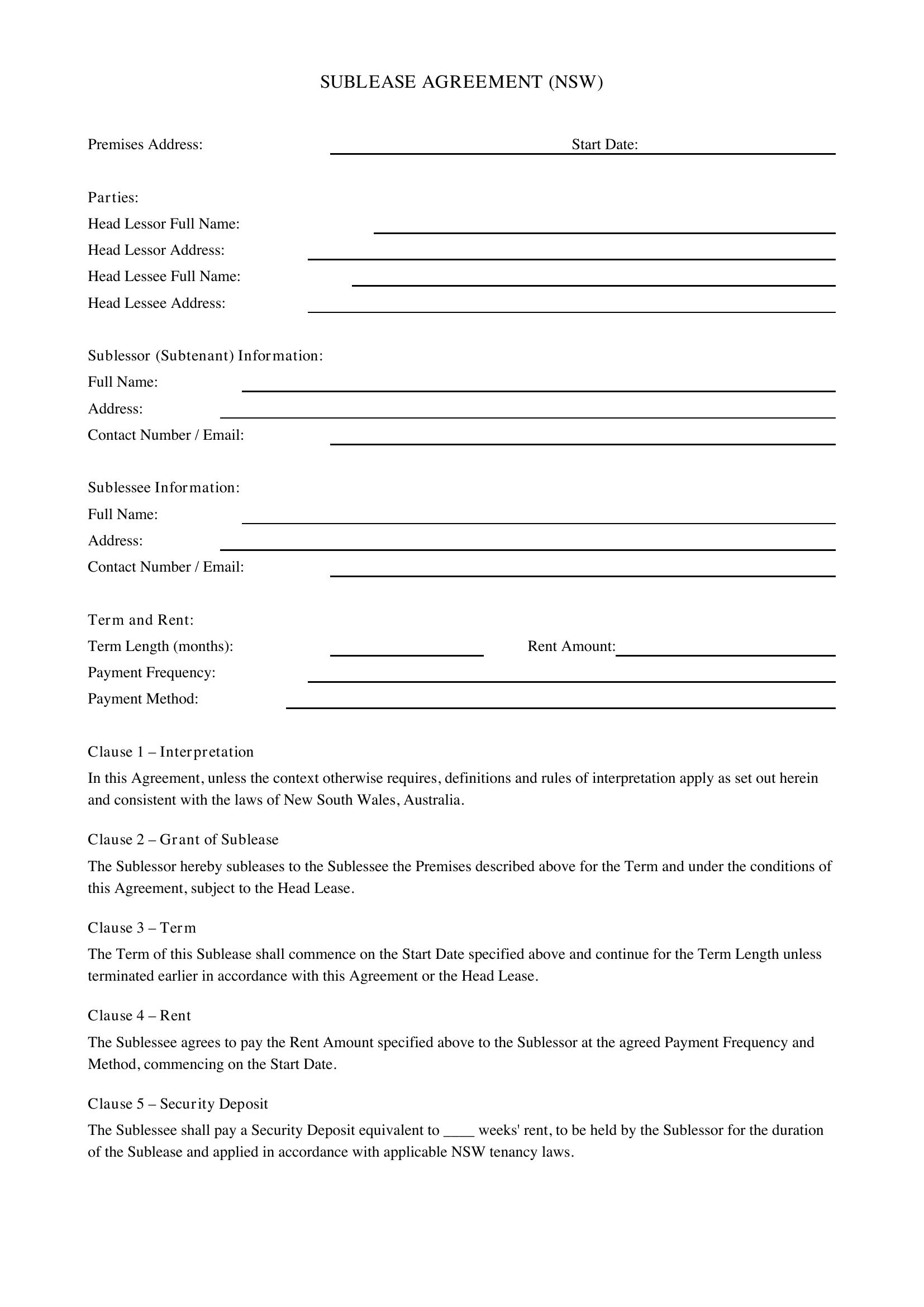 Sublease Agreement Nsw Template - Australia