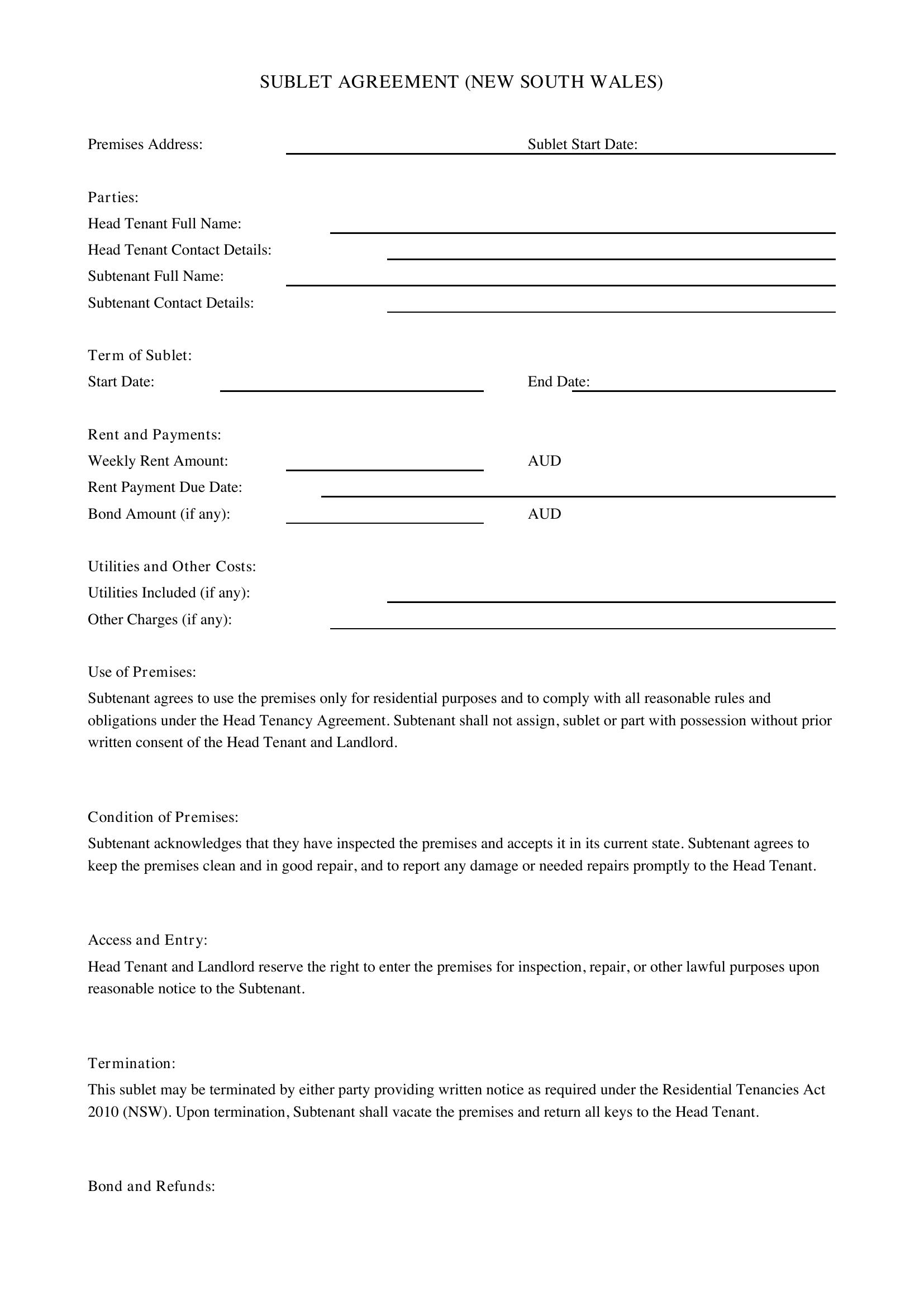 Sublet Agreement Nsw Template - Australia