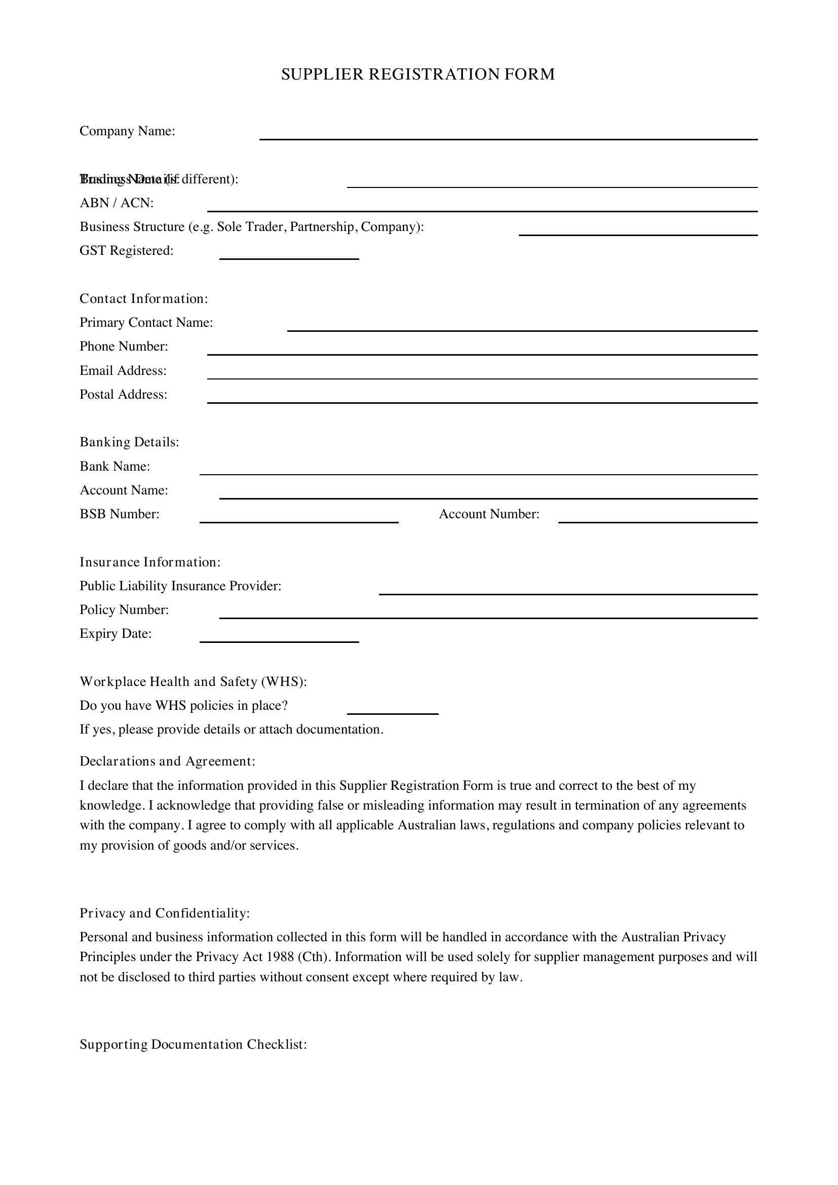 Supplier Form Template - Australia