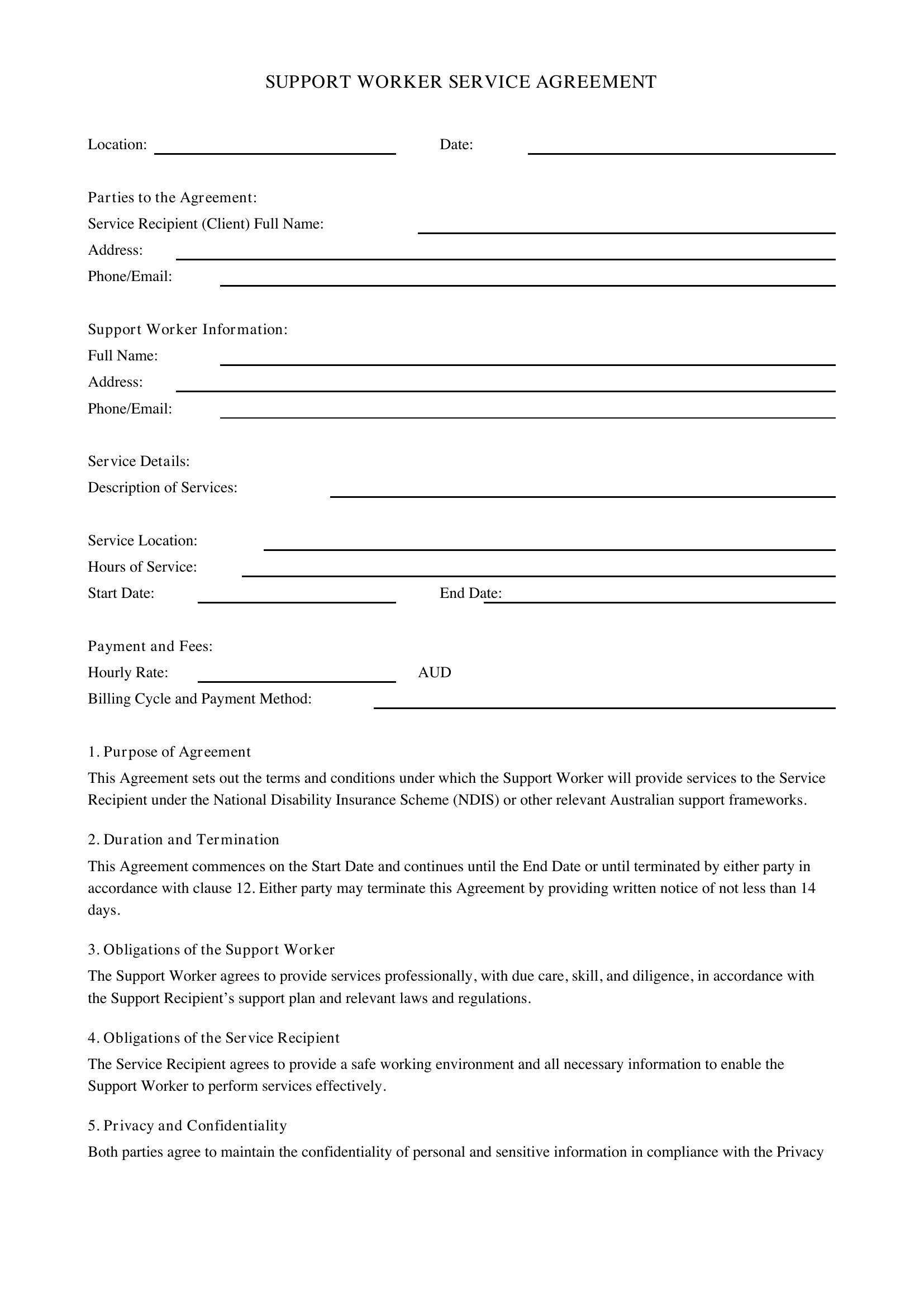 Support Worker Service Agreement Template - Australia