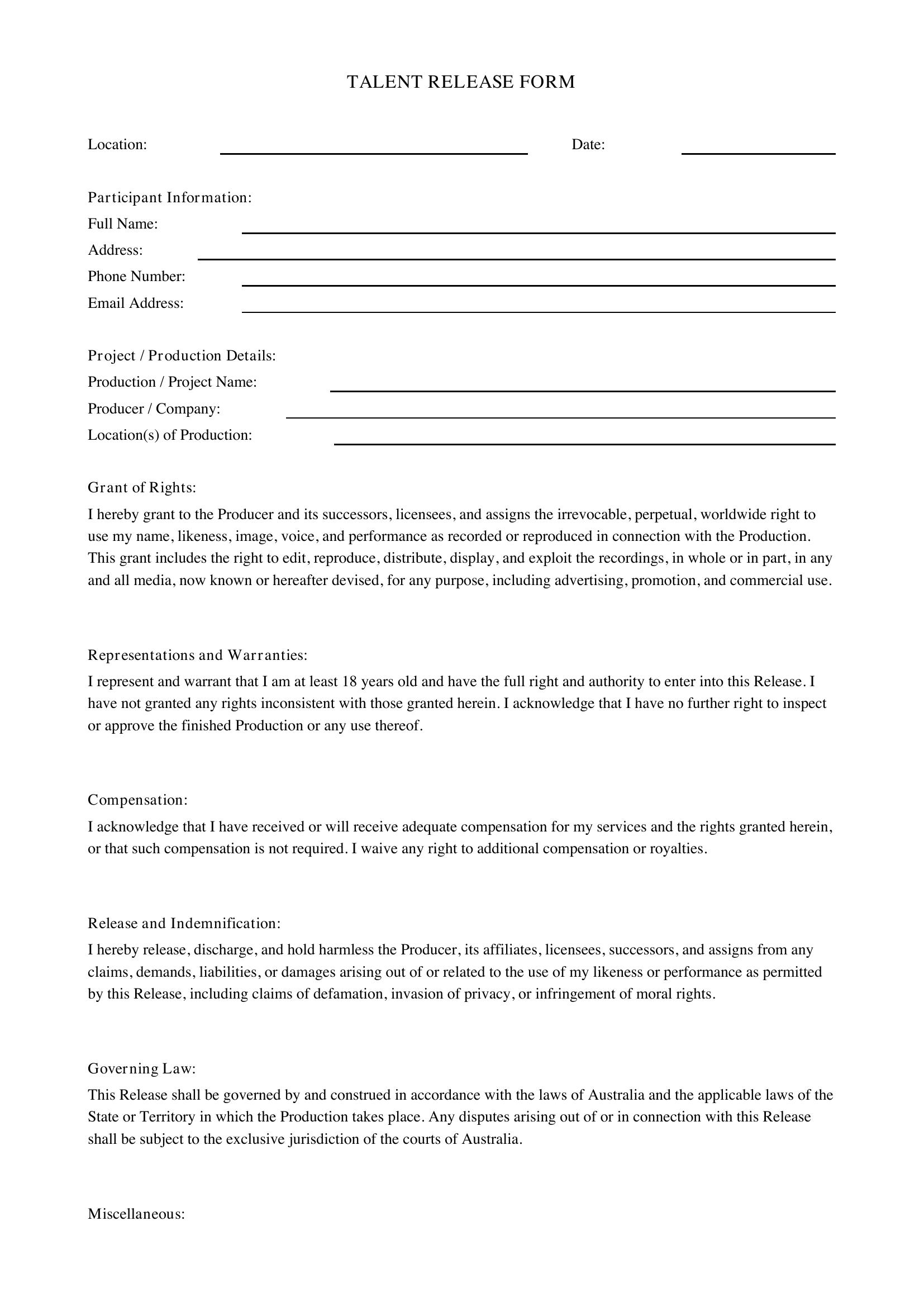 Talent Release Form Template - Australia