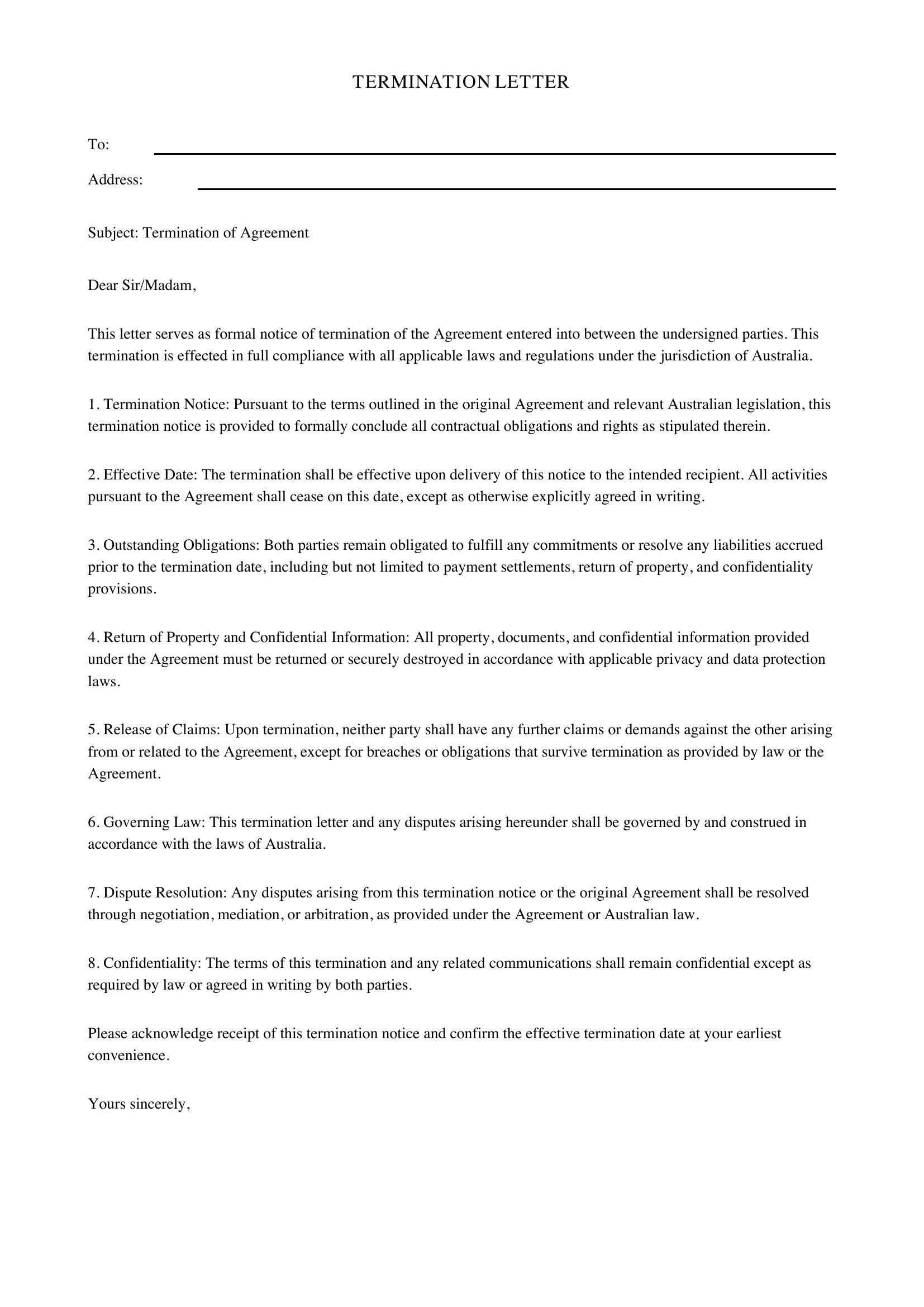 Termination Letter Template - Australia