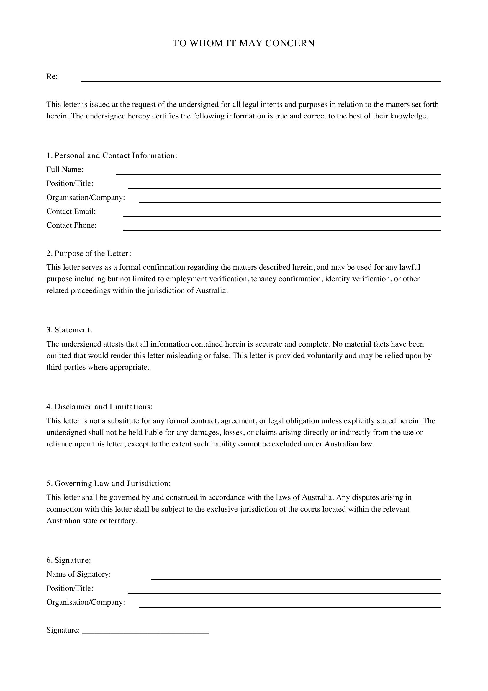 To Whom It May Concern Letter Template - Australia