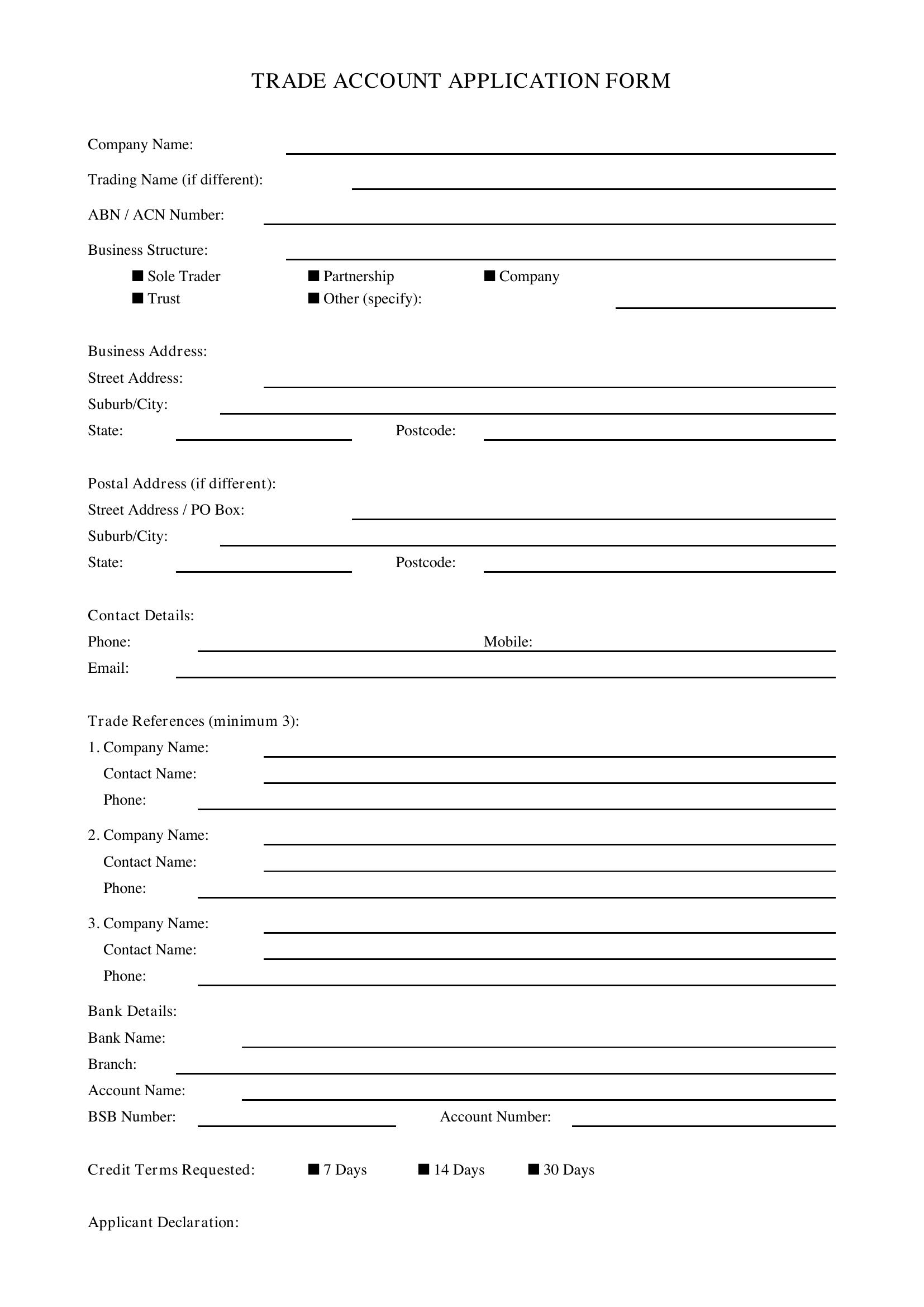 Trade Account Application Form Template - Australia
