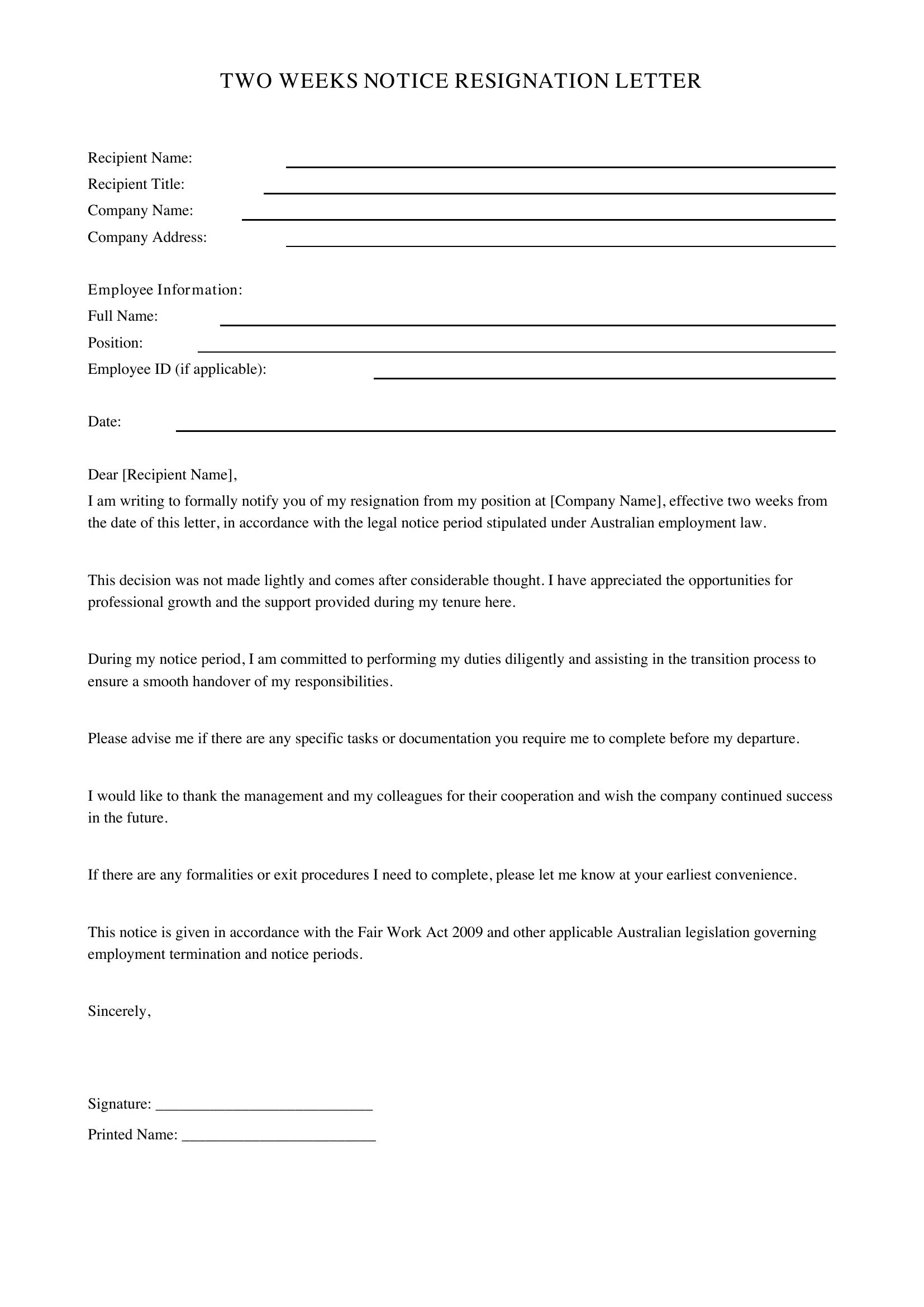 Two Weeks Notice Resignation Letter Template - Australia