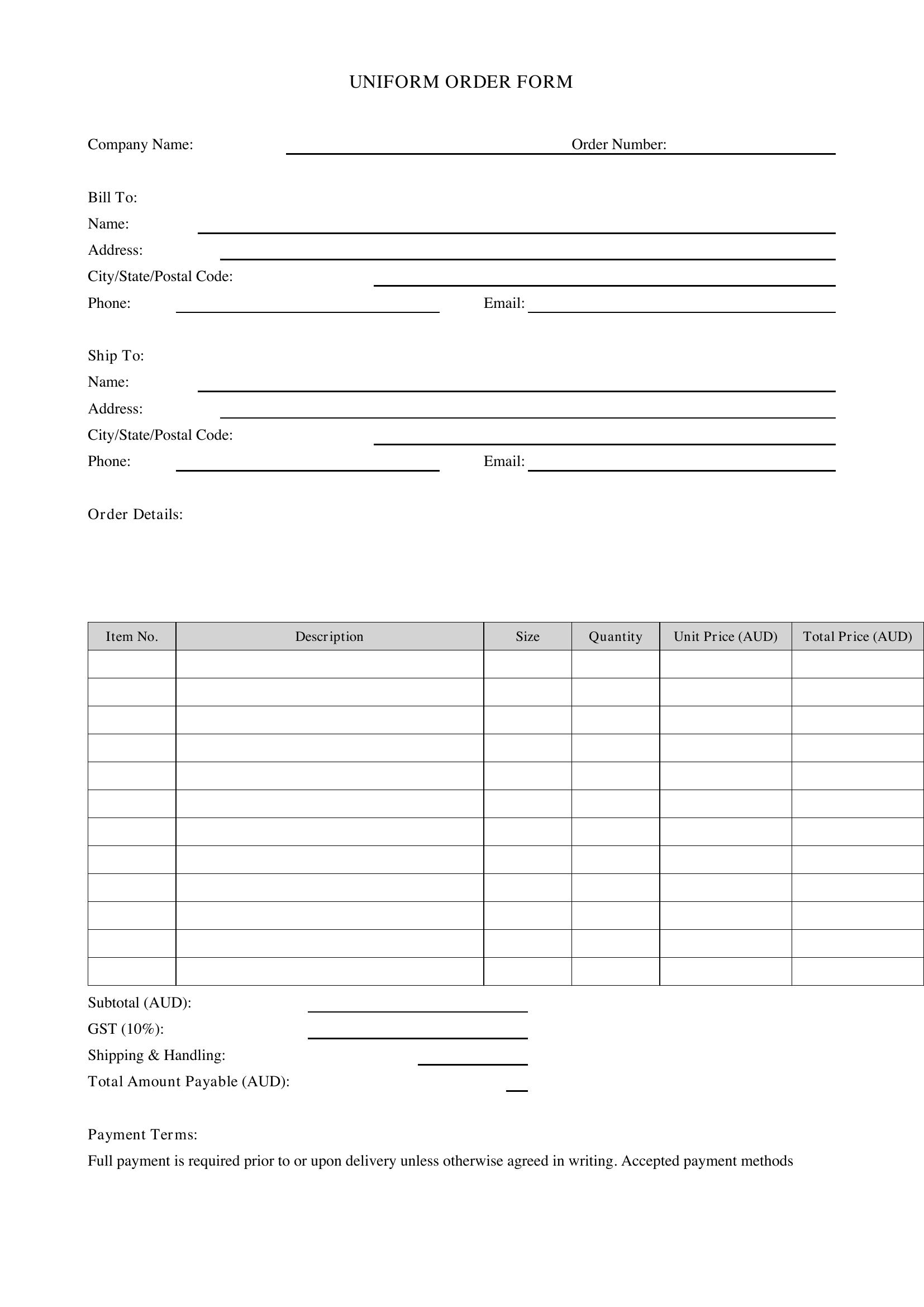 Uniform Order Form Template - Australia