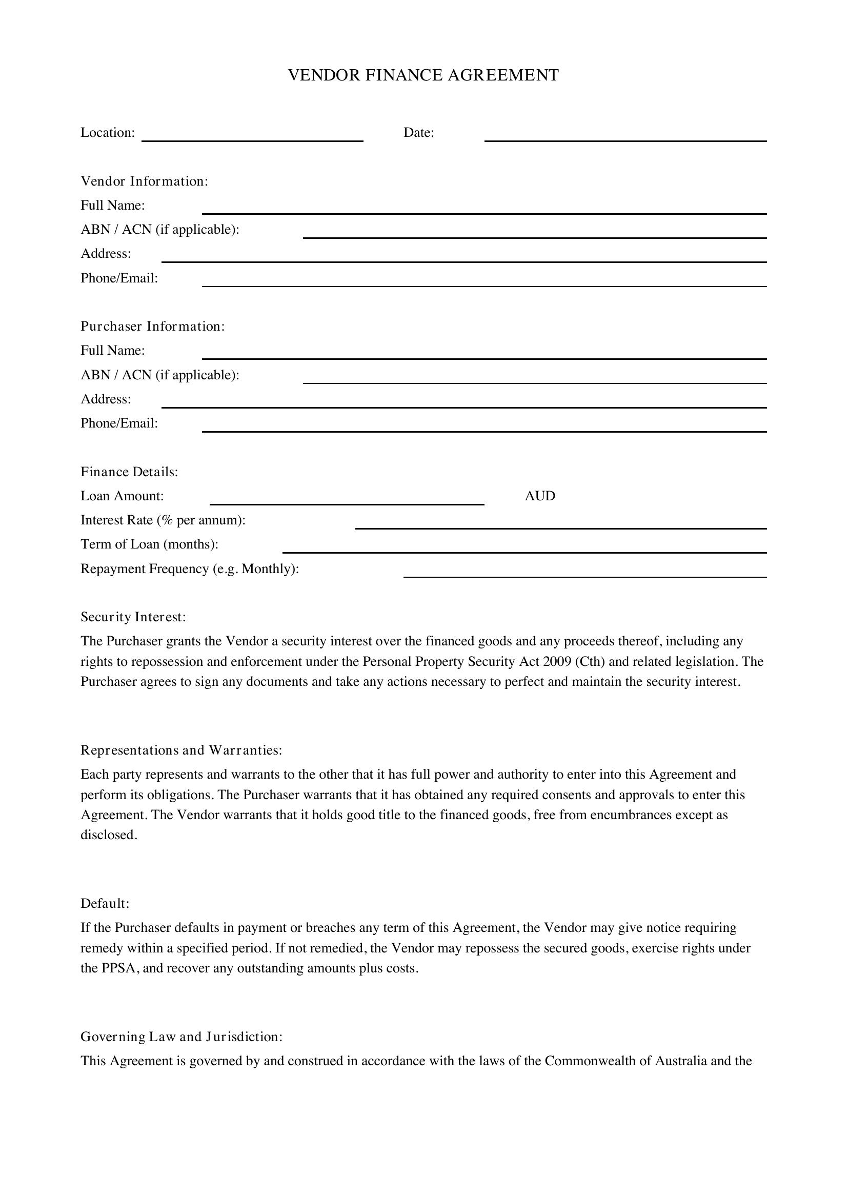 Vendor Finance Agreement Template - Australia