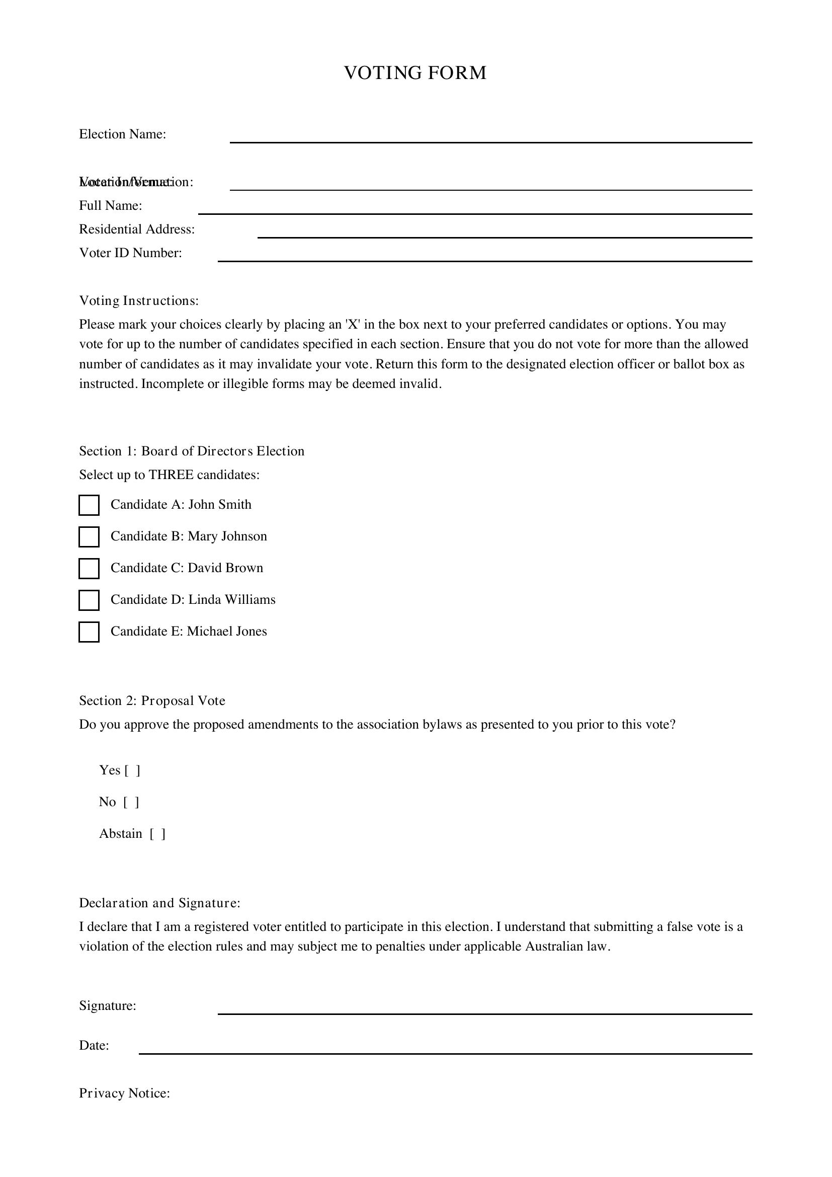 Voting Form Template - Australia