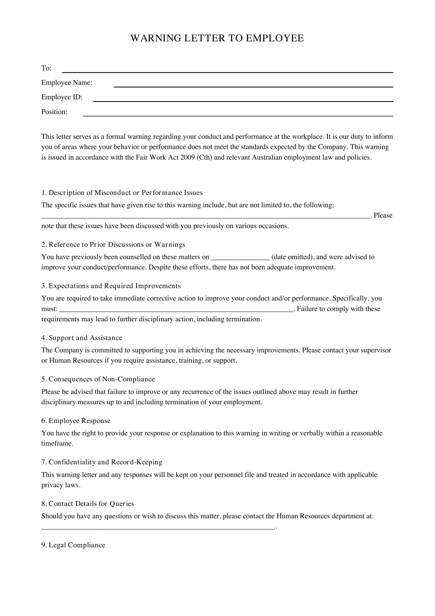 Warning Letter To Employee Template - Australia