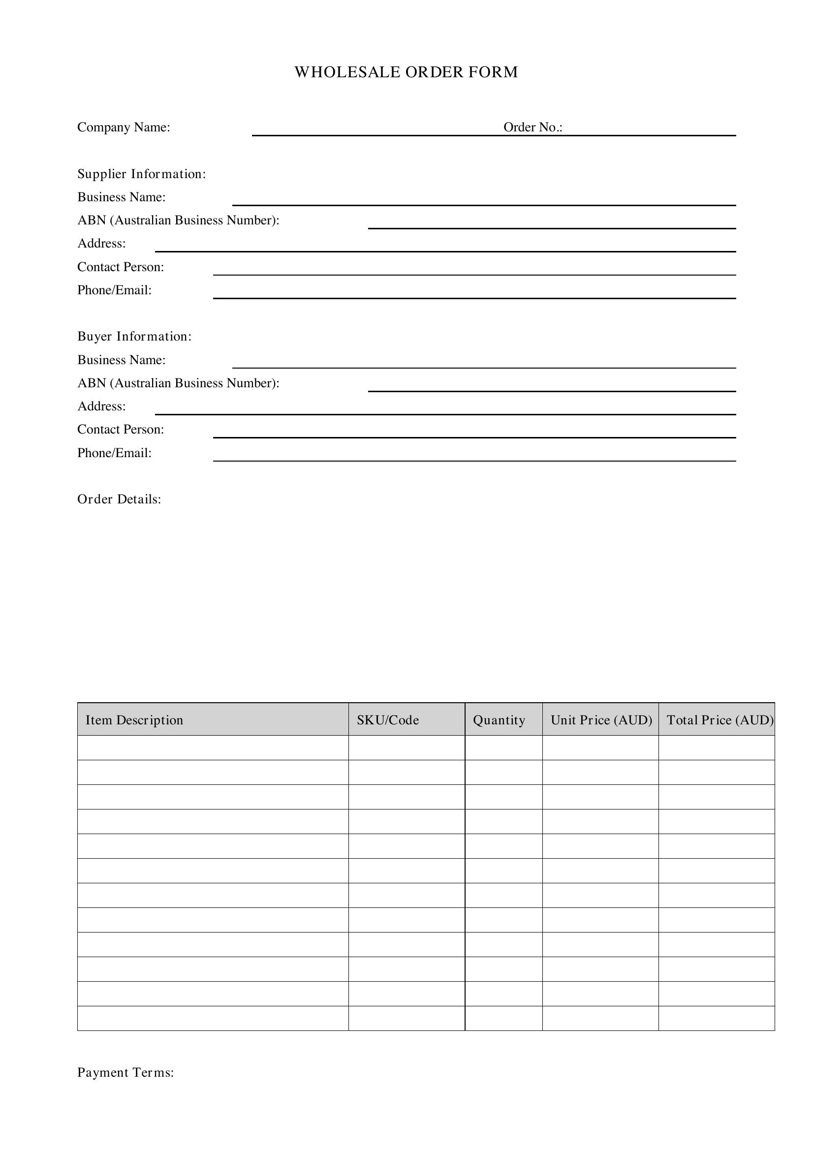Wholesale Order Form Template - Australia