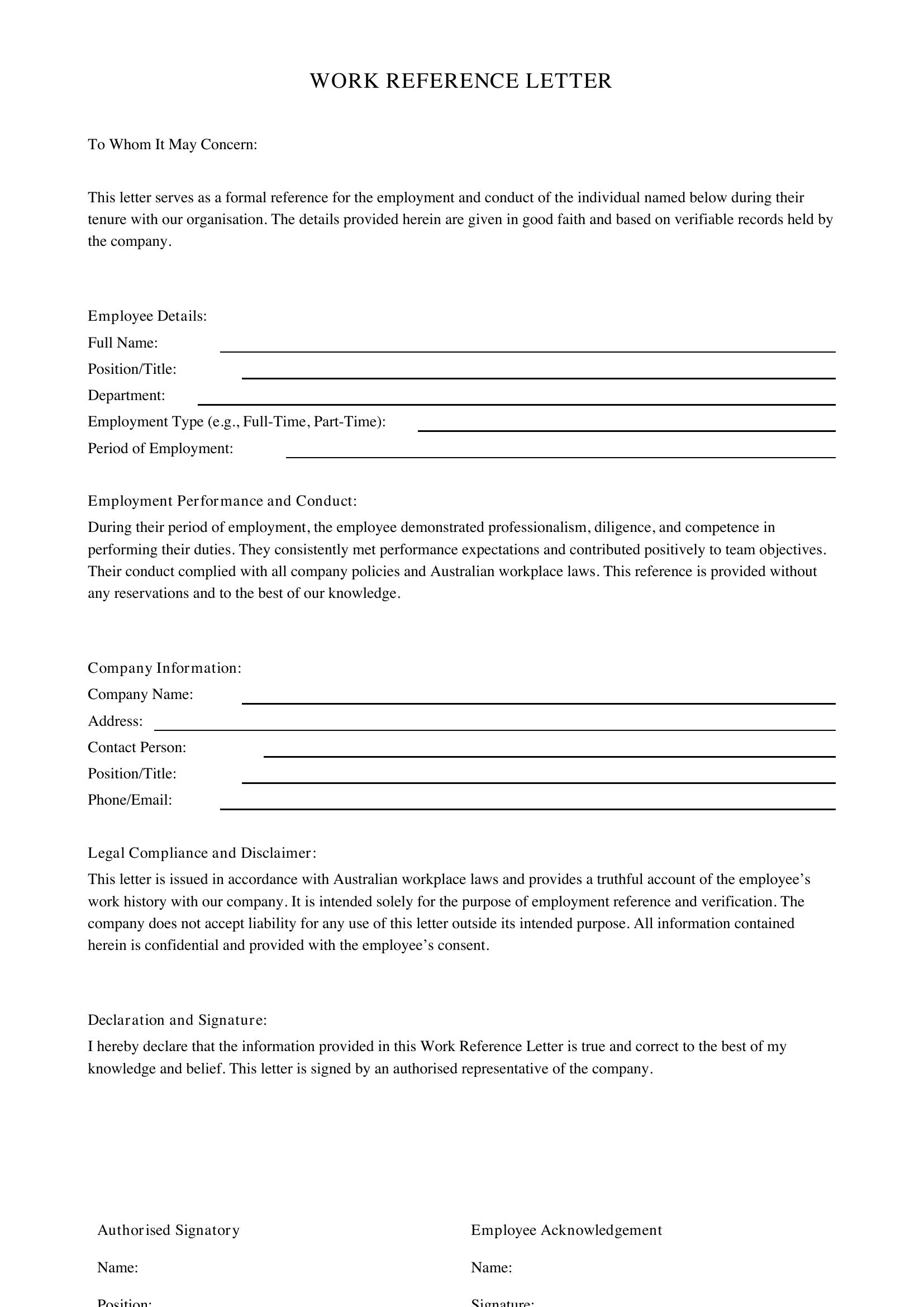 Work Reference Letter Template - Australia