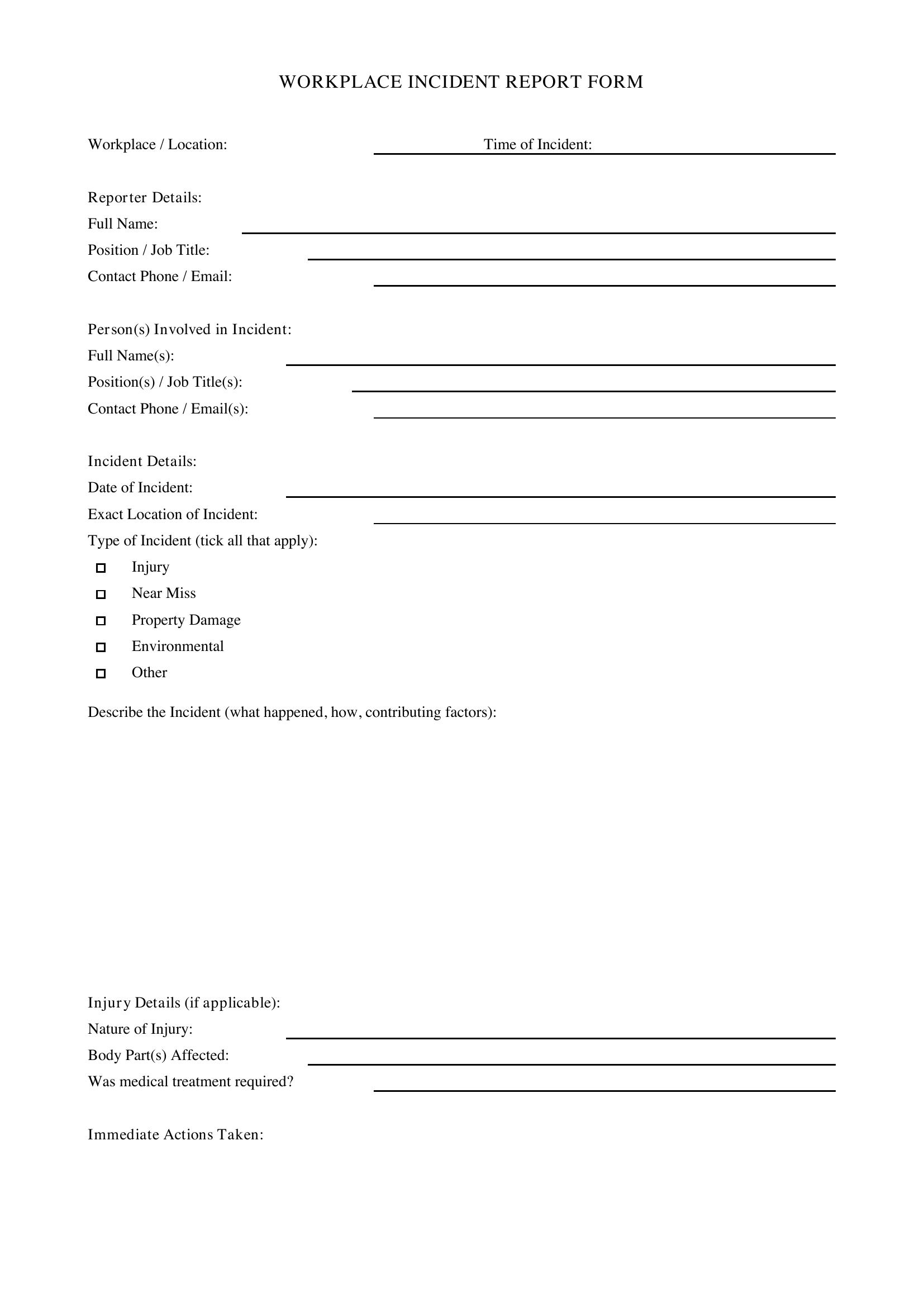 Workplace Incident Report Form Template - Australia